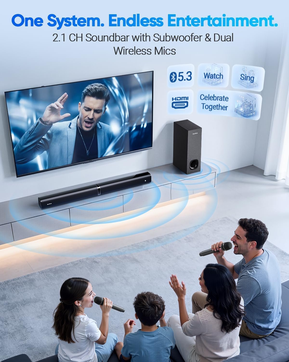 Soundbar with Subwoofer for TV, Home Theater Bluetooth 5.3 Speaker System with 2 Wireless Karaoke Microphones, Surround Sound Audio with HDMI ARC, Optical, AUX, USB for Movie, Music, Family Party - Image 2