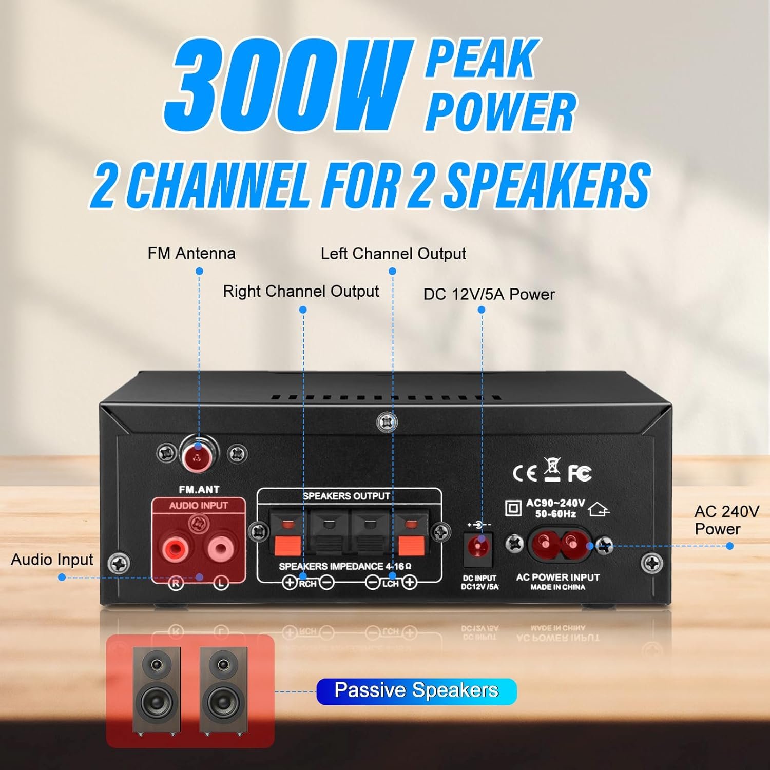 Daakro AK45 Stereo Audio Amplifier,300W Home 2 Channel Wireless Bluetooth 5.0 Power Amplifier System, Home Amplifiers FM Radio, USB, SD Card, with Remote Control Home Theater Audio Stereo System - Image 3