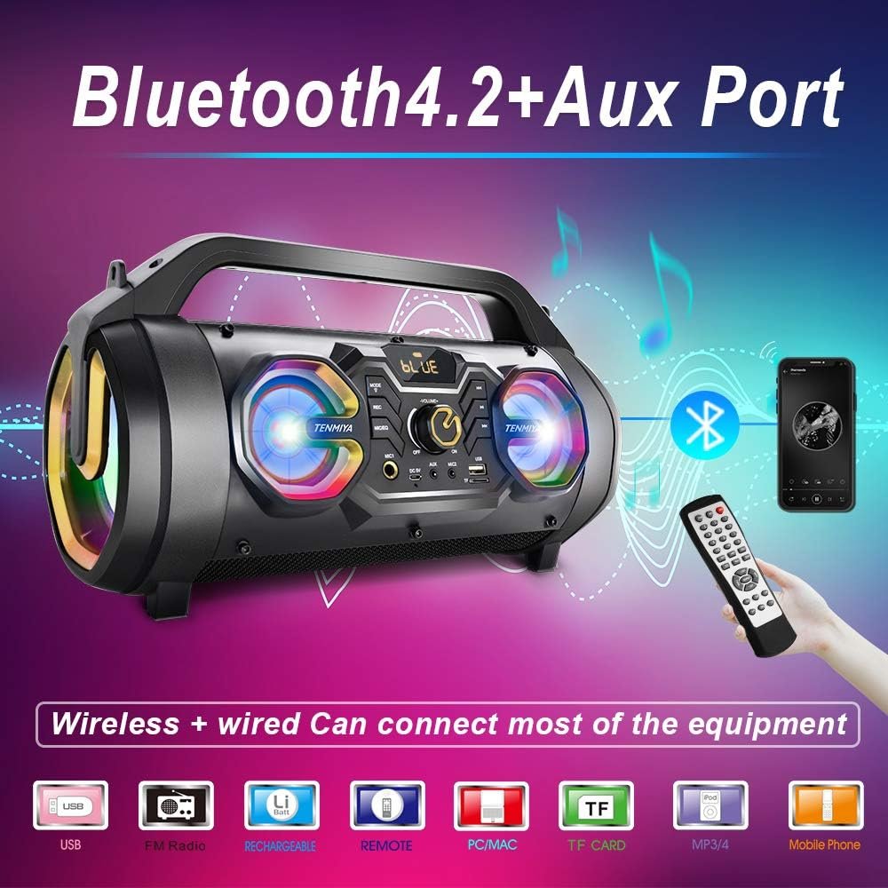 Bluetooth Speaker, 30W Portable Bluetooth Boombox with Subwoofer, FM Radio, RGB Colorful Lights, EQ, Stereo Sound, Booming Bass, 10H Playtime Wireless Party Speaker for Home, Outdoor, Travel, Camping - Image 2