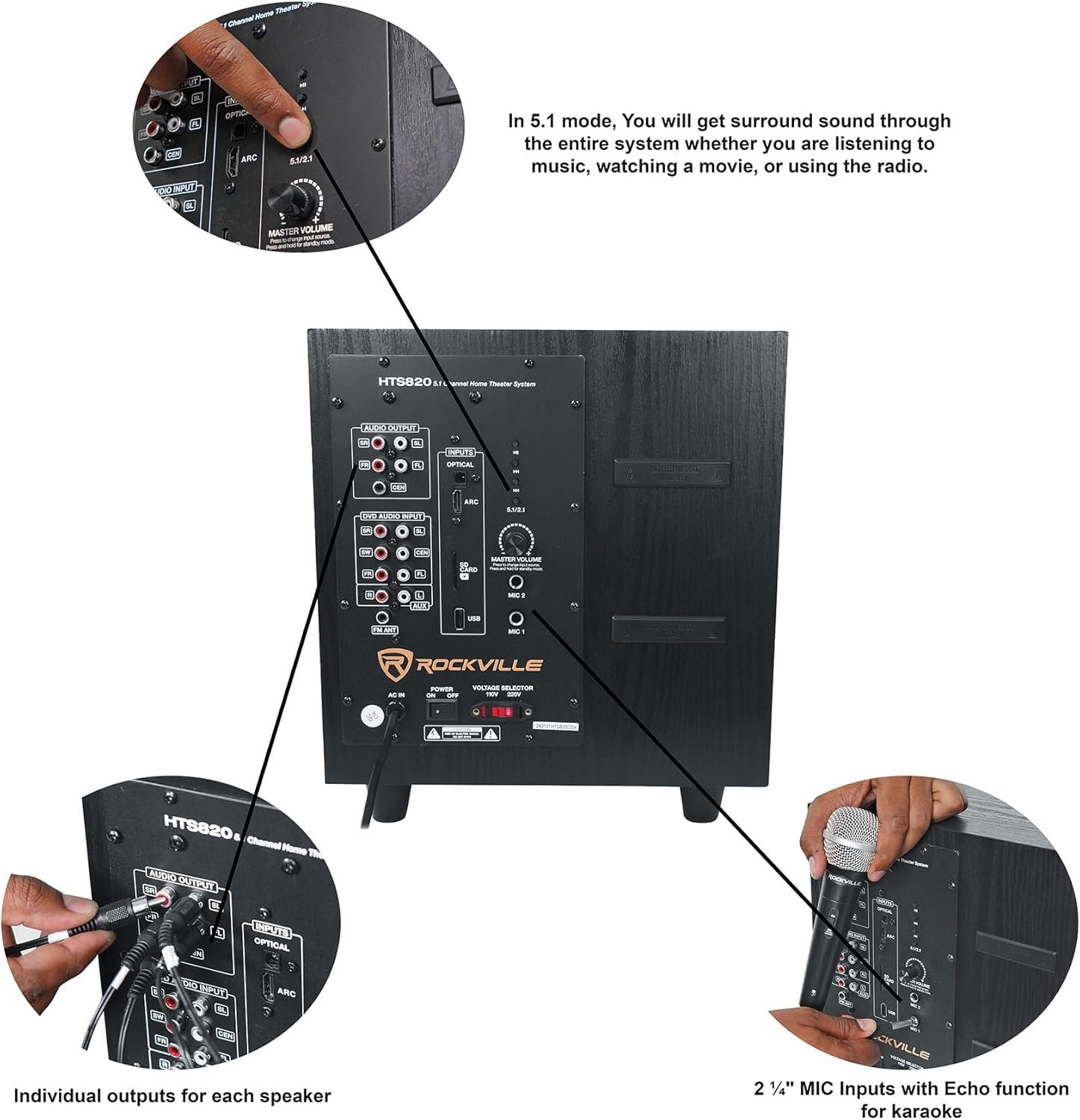 Rockville HTS820 1500W 5.1 Channel Home Theater System with 8" Subwoofer, Bluetooth, USB, Includes Remote and Speaker Mounts - Perfect for Movies, Music, Karaoke - Image 6