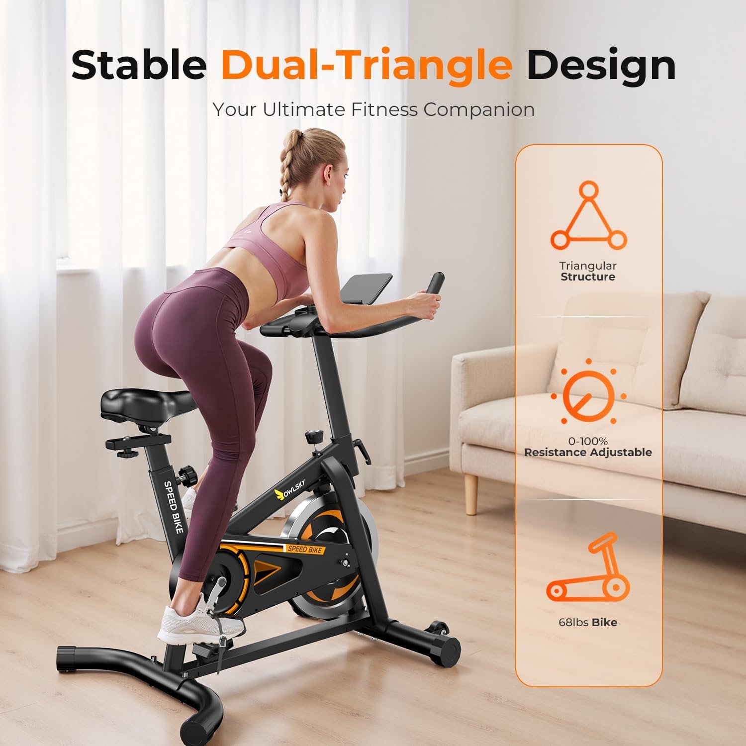 OWLSKY Exercise Bike with APP,Indoor Cycling Bike, 300 lbs Capacity Quiet Stationary Bike for Home Gym, Cardio Bike Workout, Adjustable Seat & Tablet Holder - Image 8