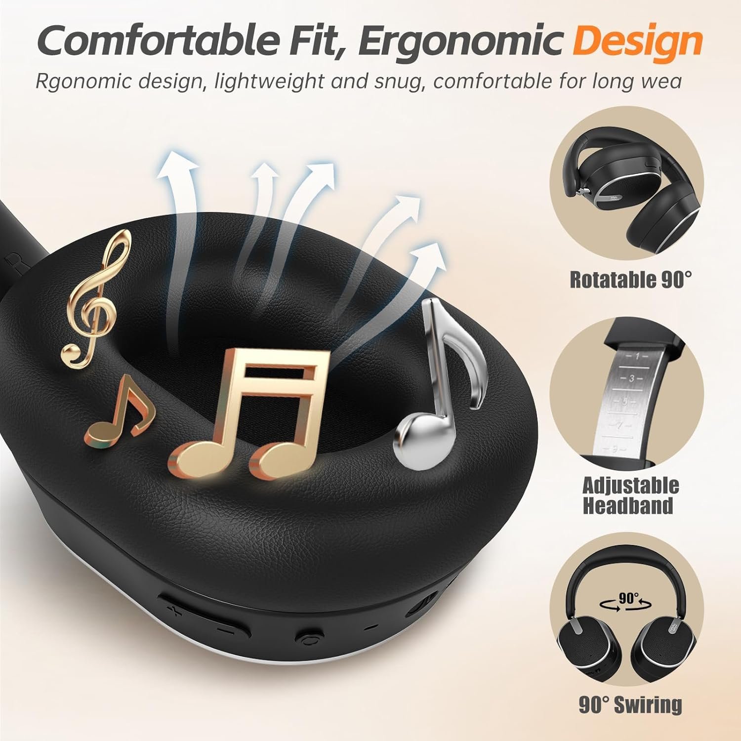 Hybrid Active Noise Cancelling Bluetooth Headphones,Bluetooth 6.0 Over Ear Wireless Headphones with 60H Playtime, Hi-Res Audio, Deep Bass, Memory Foam Ear Cups for Home Office Travel Black - Image 3