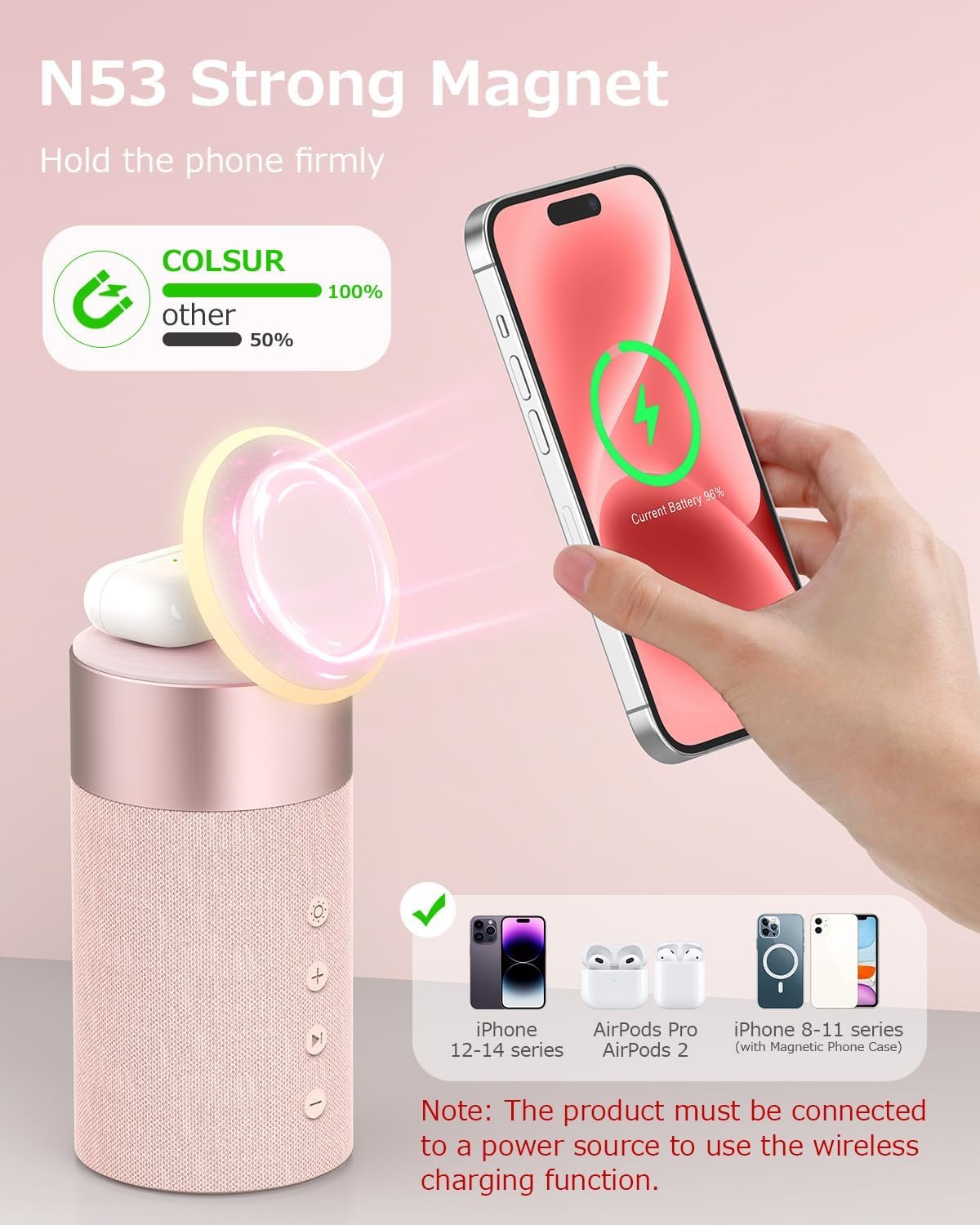 COLSUR Bluetooth Speaker, Magnetic Wireless Charger, Bluetooth Speakers with Night Light, 2 in 1 Wireless Charging Station for iPhone 17/16/15/14/13/12 Series, AirPods Pro 2/4/3/2(Gift Ideal) (Pink) - Image 8