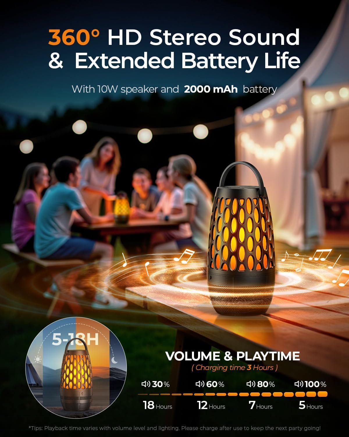 Outdoor Speakers Bluetooth Waterproof IPX6 with Flame Lights, Gadget Gifts for Men/Women, Hd Stereo Sound, BT 5.3 Multi-Sync to 100 Speakers, Portable Wireless Speaker for Patio Cafe Decor Party - Image 2