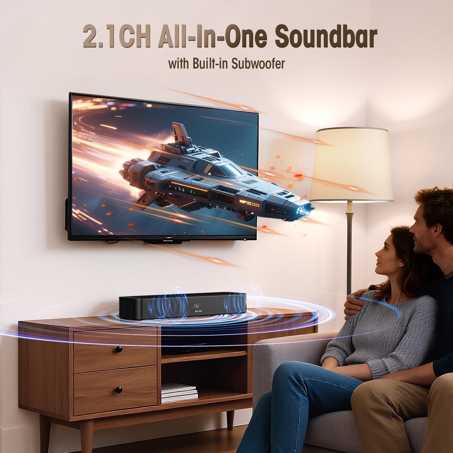 BESTISAN 2.1ch Sound Bar with Built-in Subwoofer, 100W Peak Power, HDMI ARC/Opt/AUX/USB/Bluetooth 5.3, 3 EQ Modes & Volume Boost, 16.5" All-in-One for TV/PC/Gaming/Projector - Image 7