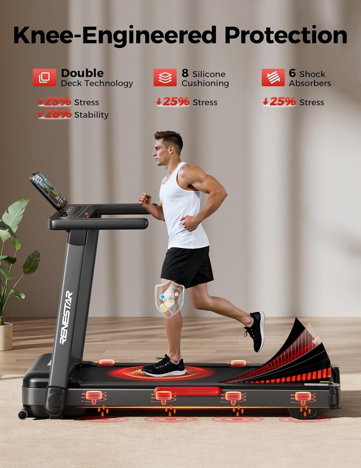 Renestar Treadmill for Home with 25% Auto Incline - 8.5MPH Max Speed, Extra Large LED Touchscreen, 300LBS Capacity, Bluetooth Speaker, 3.5HP Home Office Treadmills for Running Jogging Walking - Image 7