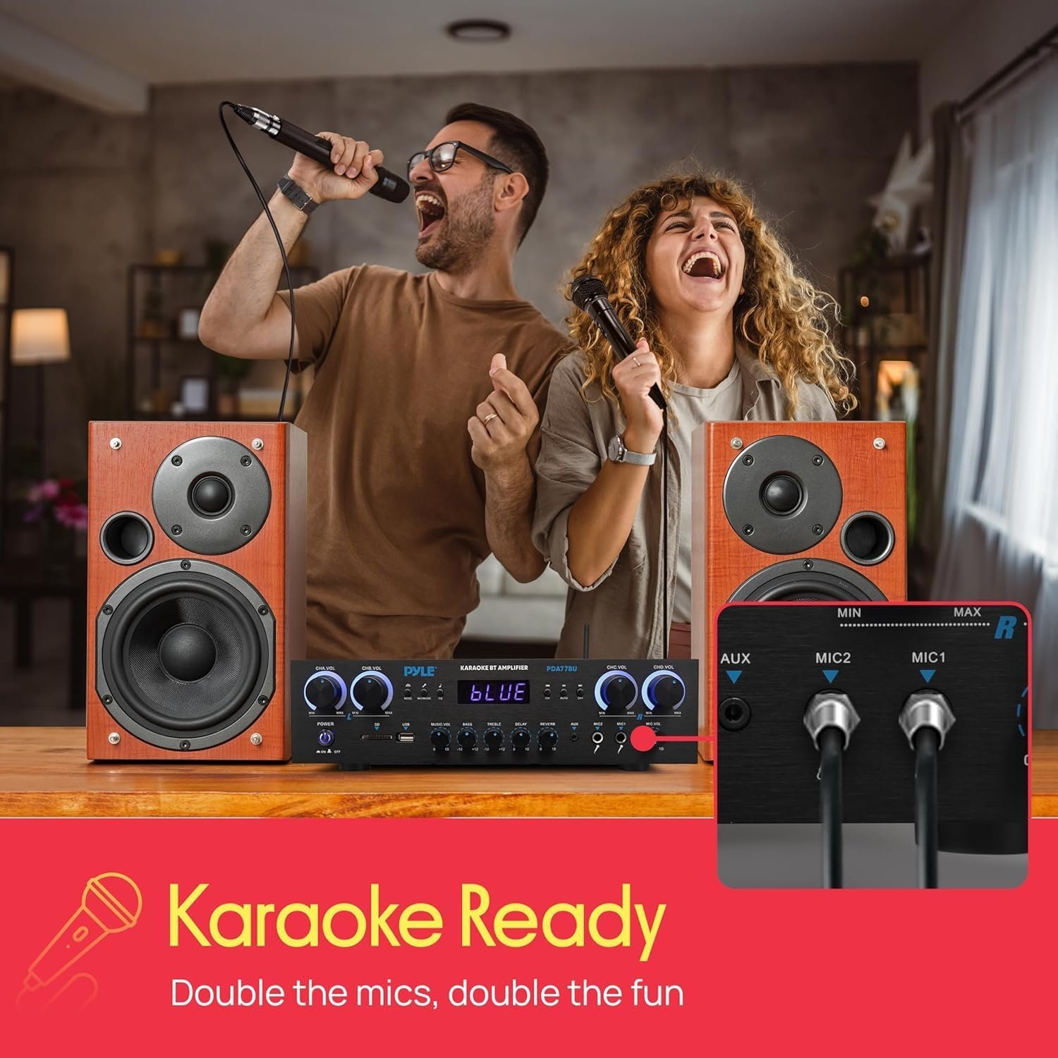 Pyle Home Stereo Receiver with Bluetooth - 4 Channel Amplifier, 800 Watt Max, USB-A Input w MP3 Player, Easy Karaoke Setup with Mic Vol, Reverb and Delay, RCA in/Out, SD Card, FM Radio - PDA77BU - Image 5