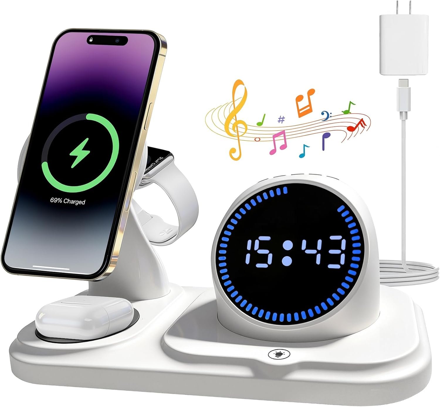 6 in 1 Wireless Charging Station with Bluetooth Speaker Fuction, Charging Stand for Multiple Devices for Apple iPhone 17 16 15 14 13 12 Pro Max Apple Watch Airpods, Digital Clock and Ambient Lights