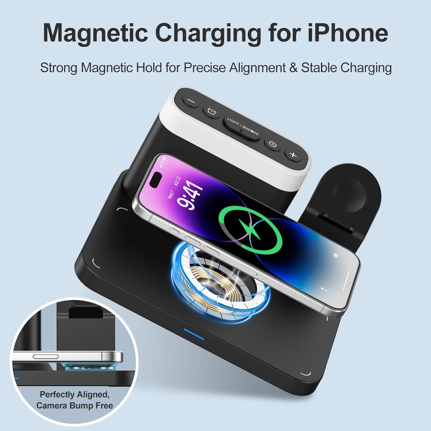 ANJANK Wireless Charging Station,5 in 1 Multiple Charger Stand with Alarm Clock,7 Night Light,Mag-Safe Charging Dock for iPhone 17 16 15 14 13 12 Pro Max Plus,Apple Watch 11/10/9/8,for Airpods,Bedroom - Image 4