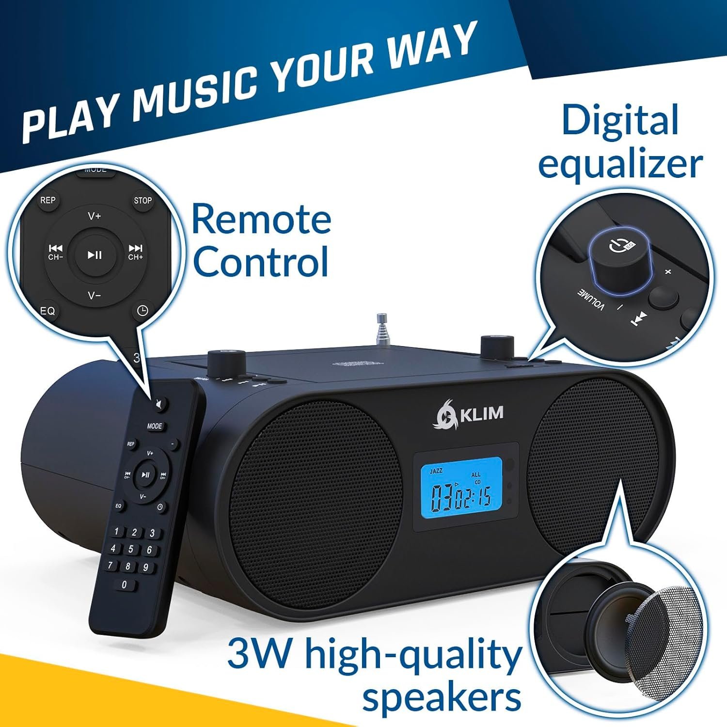 KLIM Boombox B4 CD Player Portable Audio System - New - AM/FM Radio with CD Player MP3 Bluetooth AUX USB - Wired & Wireless Mode Rechargeable Battery - Remote Control Autosleep Digital EQ - Image 6