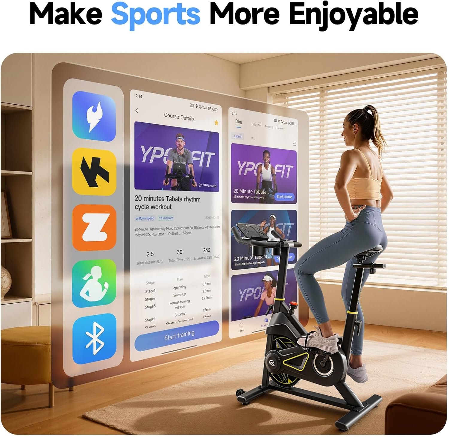 YPOO Exercise Bike, Adjustable Magnetic Resistance Stationary Bikes for Home Cardio with Exclusive App, Indoor Bike with 330lbs Weight Capacity Comfortable Seat, Tablet Mount and Fitness Courses - Image 2