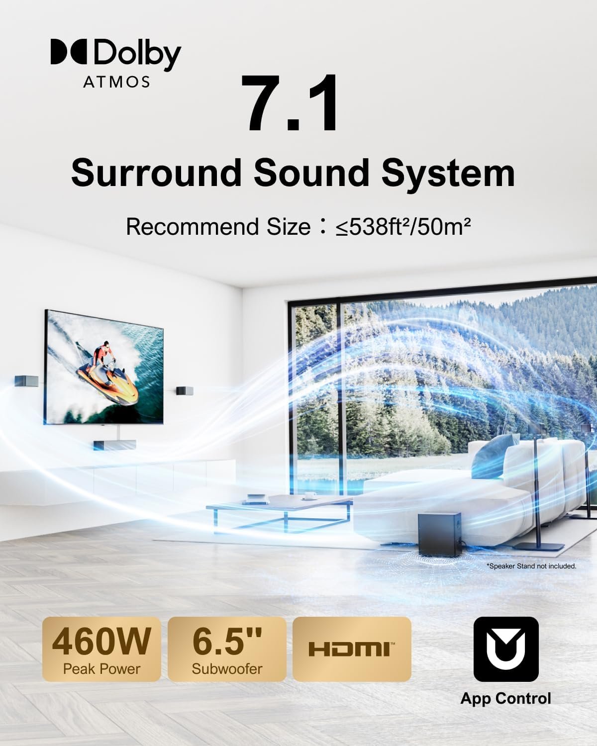 ULTIMEA 7.1Ch Soundbar with Dolby Atmos, APP Control, Surround Sound System for TV, 4 Wired Surround Speakers, Sound Bar for TV with 6.5" Wireless Subwoofer, Soundbar for TV, Poseidon D80 Upgraded - Image 4