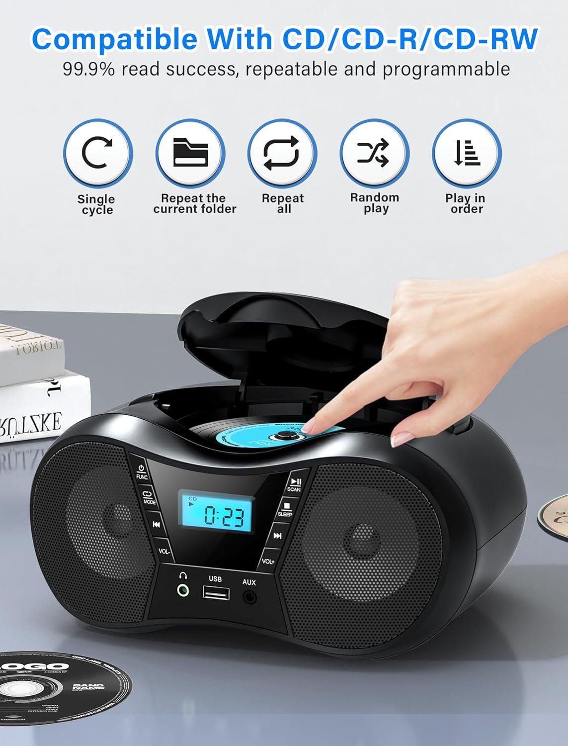 Greadio Boombox Portable CD Players for Home with Bluetooth, Boom Box CD Player FM Radio Combo, Stereo Sound, AC/Battery Powered, CD/CD-R/RW Compatible, Support AUX/USB/Headphone, Timer, Repeatable - Image 5