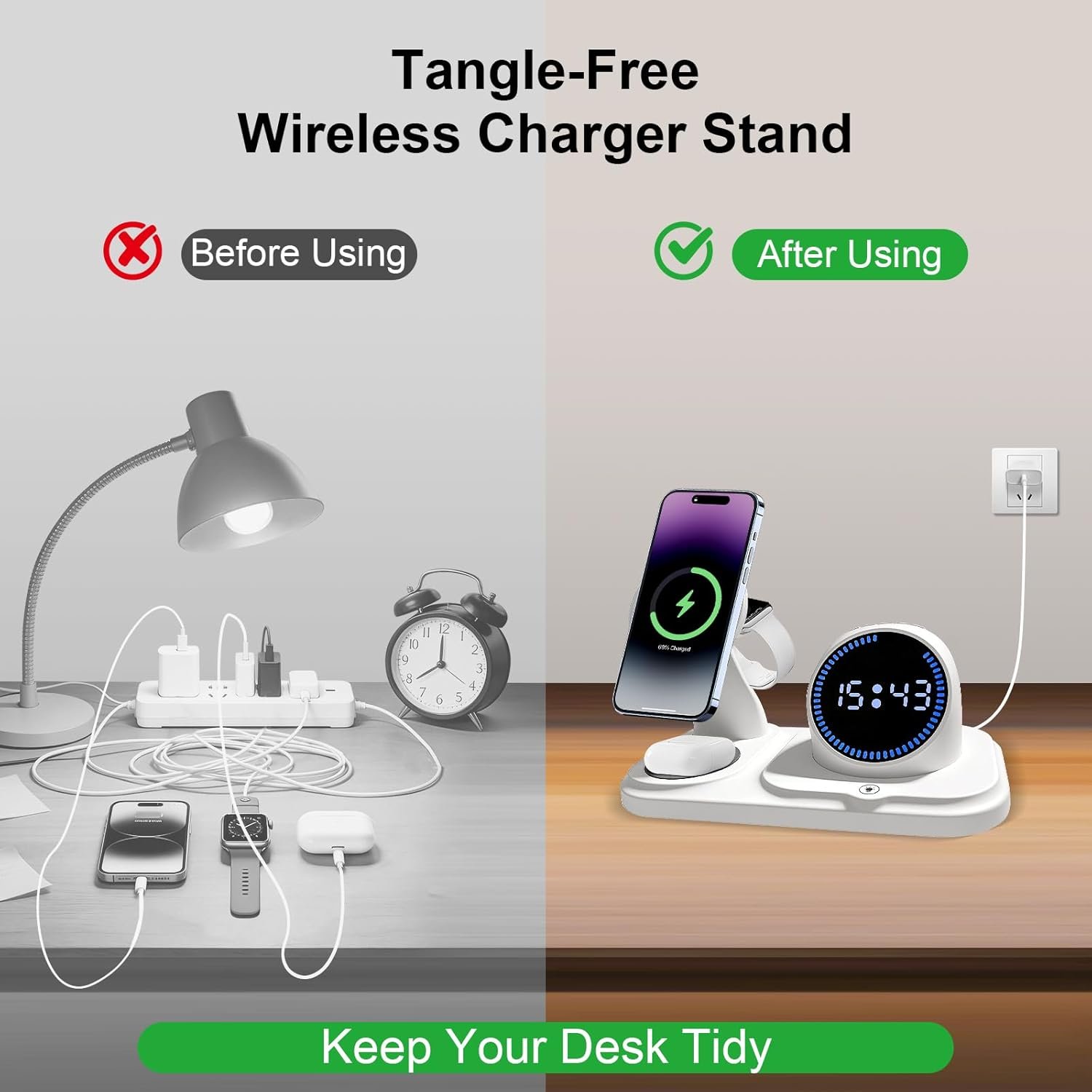 6 in 1 Wireless Charging Station with Bluetooth Speaker Fuction, Charging Stand for Multiple Devices for Apple iPhone 17 16 15 14 13 12 Pro Max Apple Watch Airpods, Digital Clock and Ambient Lights - Image 5