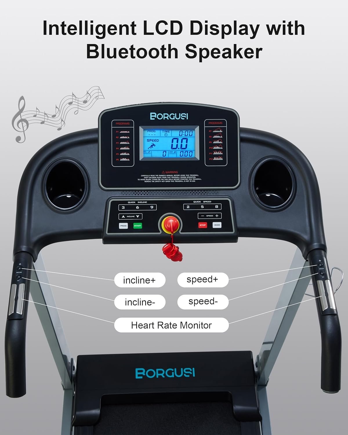 BORGUSI Treadmill with Auto Incline - 300 lb Capacity, 3.0HP Folding Electric Treadmill Up to 8.5 MPH Speed, Running Machine with 17.5" Wide Tread Belt and Bluetooth Speaker for Home Use - Image 7