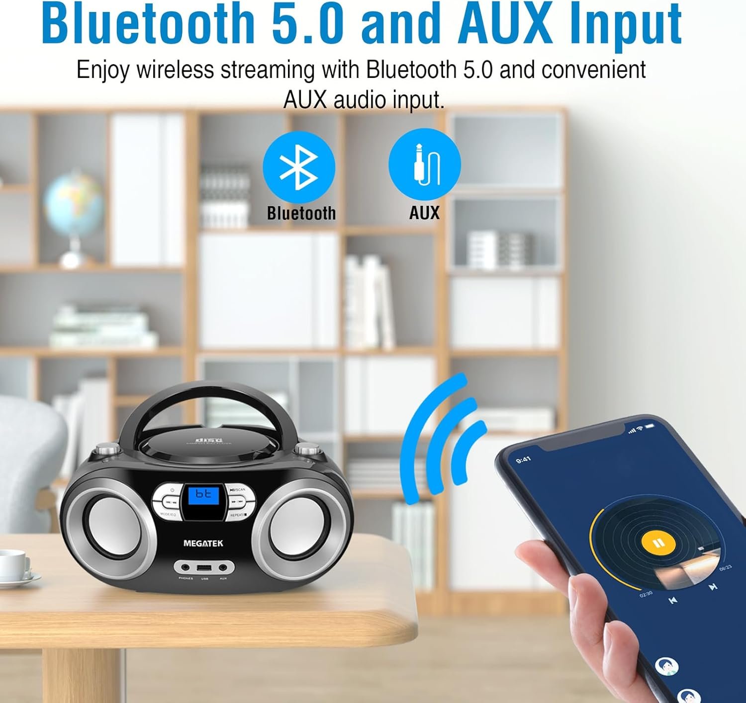 MEGATEK Portable CD Player Boombox with FM Radio, Bluetooth, USB Port, AUX Input, and Headphone Jack – CD-R/CD-RW/MP3-CD Compatible, Clear Stereo Sound, Backlit LCD Display – Black - Image 4