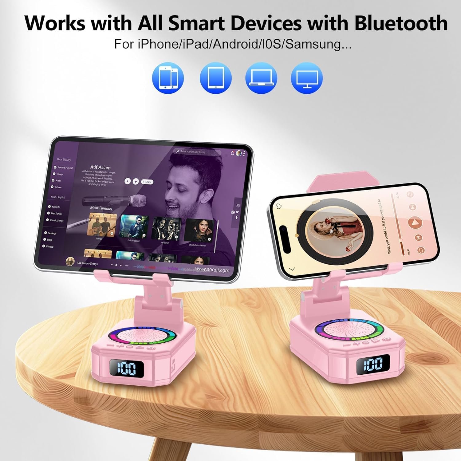 Cell Phone Stand with Wireless Bluetooth Speaker and 8 RGB Ambient Light, Anti-Slip Base HD Surround Sound, Rechargeable Home and Outdoors Bluetooth Speaker Gifts for Women Pink - Image 7