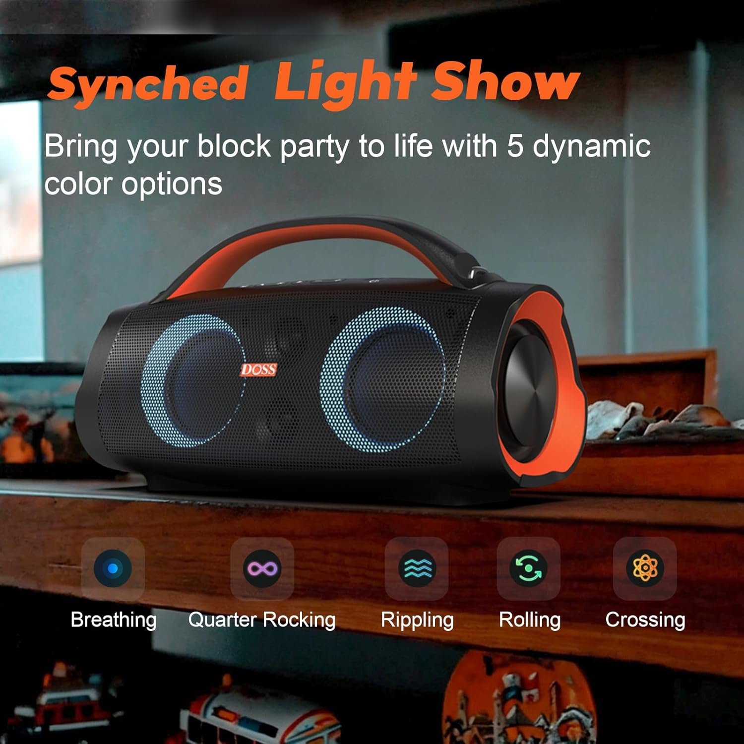 DOSS Extreme Boom Pro 100W Loud Outdoor Speaker, 2+2 Channel, IPX6 Waterproof, Bluetooth 5.3, 20H Playtime, Dynamic RGB Lights, Portable Speaker for Camping, Beach, Pool, Working Outside - Orange - Image 7