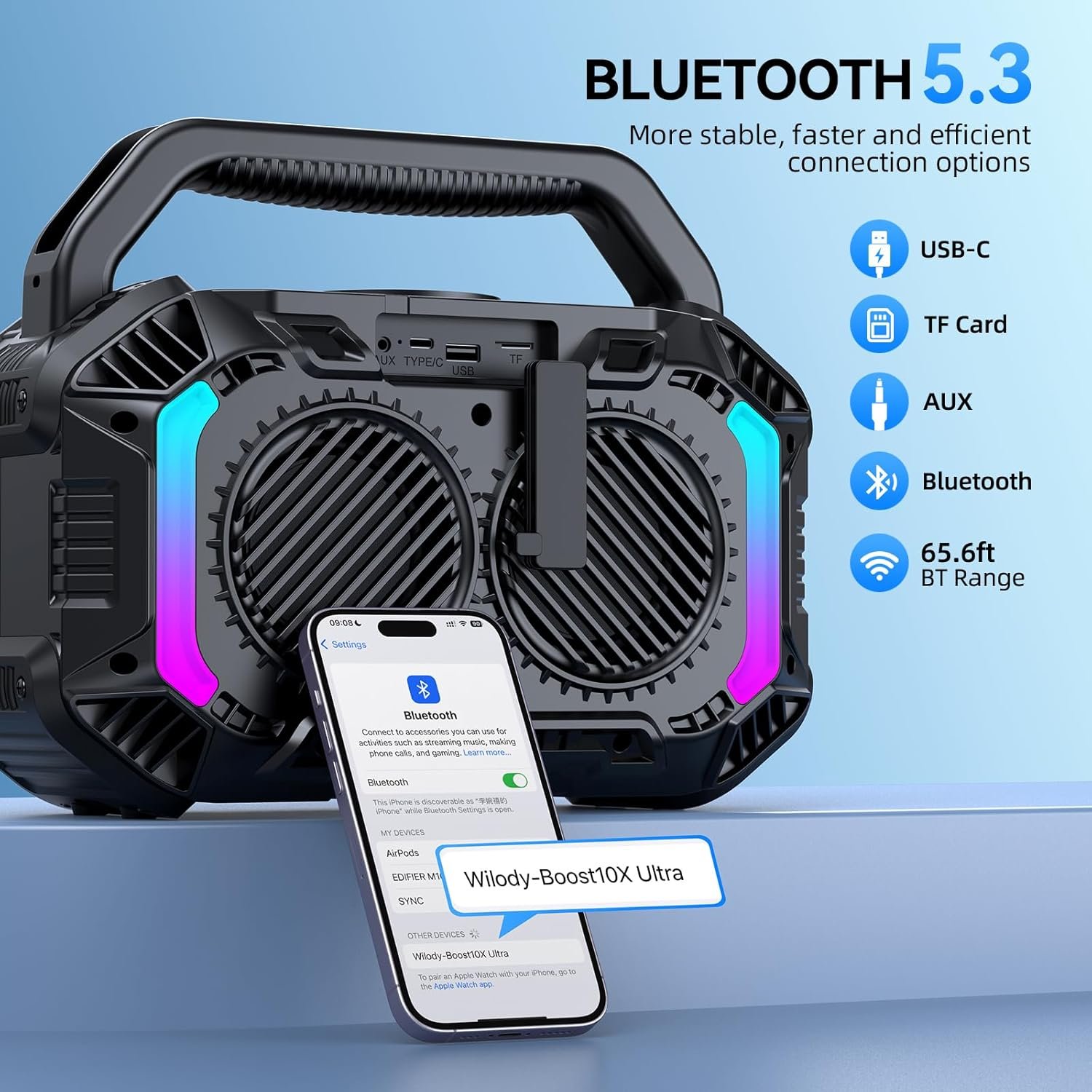 Wilody Speakers Bluetooth Wireless, 100W Loud Outdoor Speaker with Bass, IPX7 Waterproof Floatable, 20H Playtime, Wireless Charge, TWS, RGB Light, Portable Speaker for Work, Garage, Outdoor (Black) - Image 3