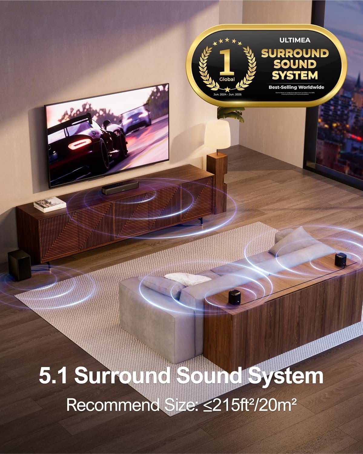 ULTIMEA 5.1ch Sound Bar with Subwoofer, Home Theater Virtual Surround Sound System for TV, Soundbar with App Control, 2 Surround Speakers, Opt/AUX, Peak Power 250W, Aura A30 - Image 2