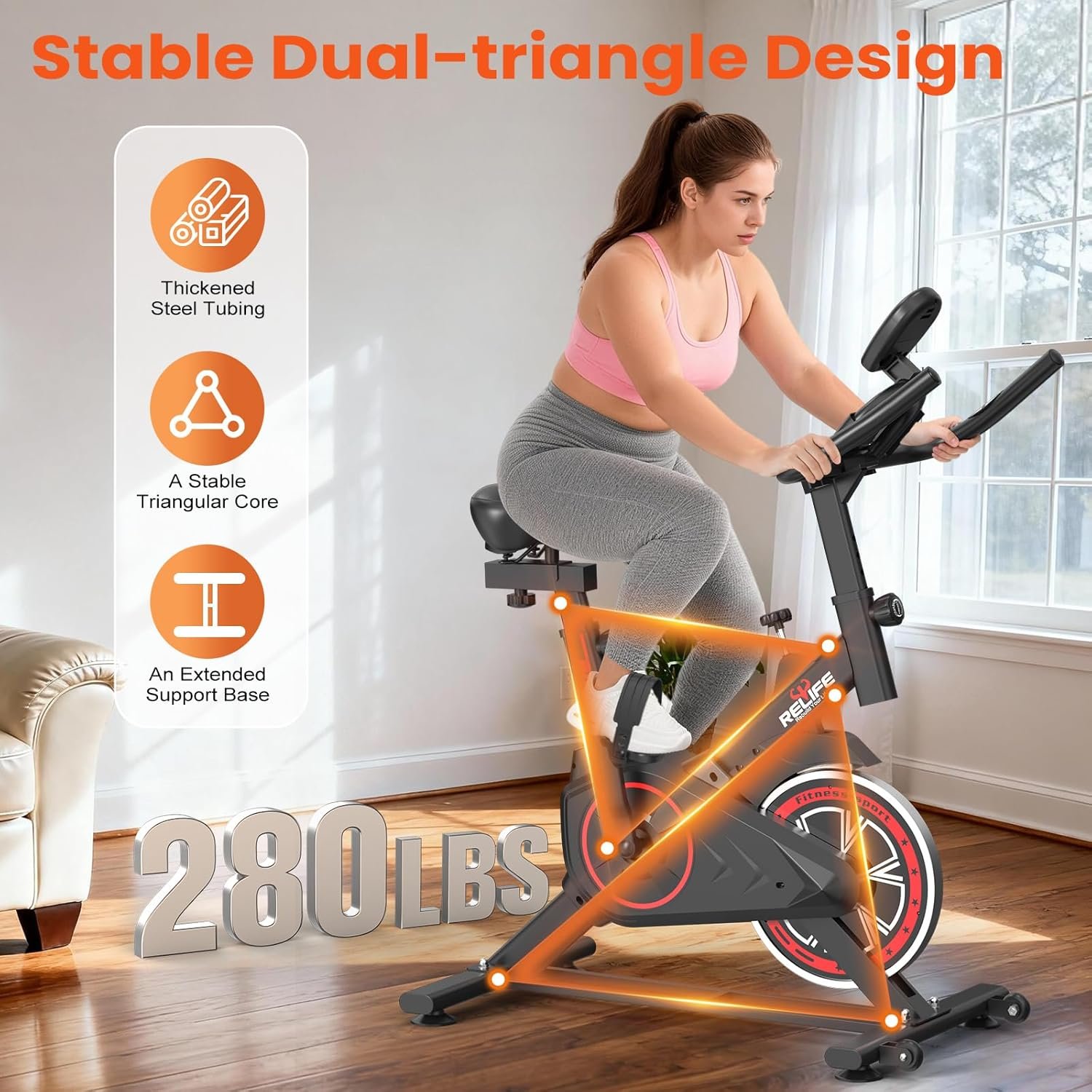 RELIFE REBUILD YOUR LIFE Exercise Bike Stationary for Home Indoor,Cycling Bike with Silent Belt Drive for Home Cardio,Brake Pad Resistance with djustable & Comfort Seat/PAD Holder/LCD Monitor. - Image 7