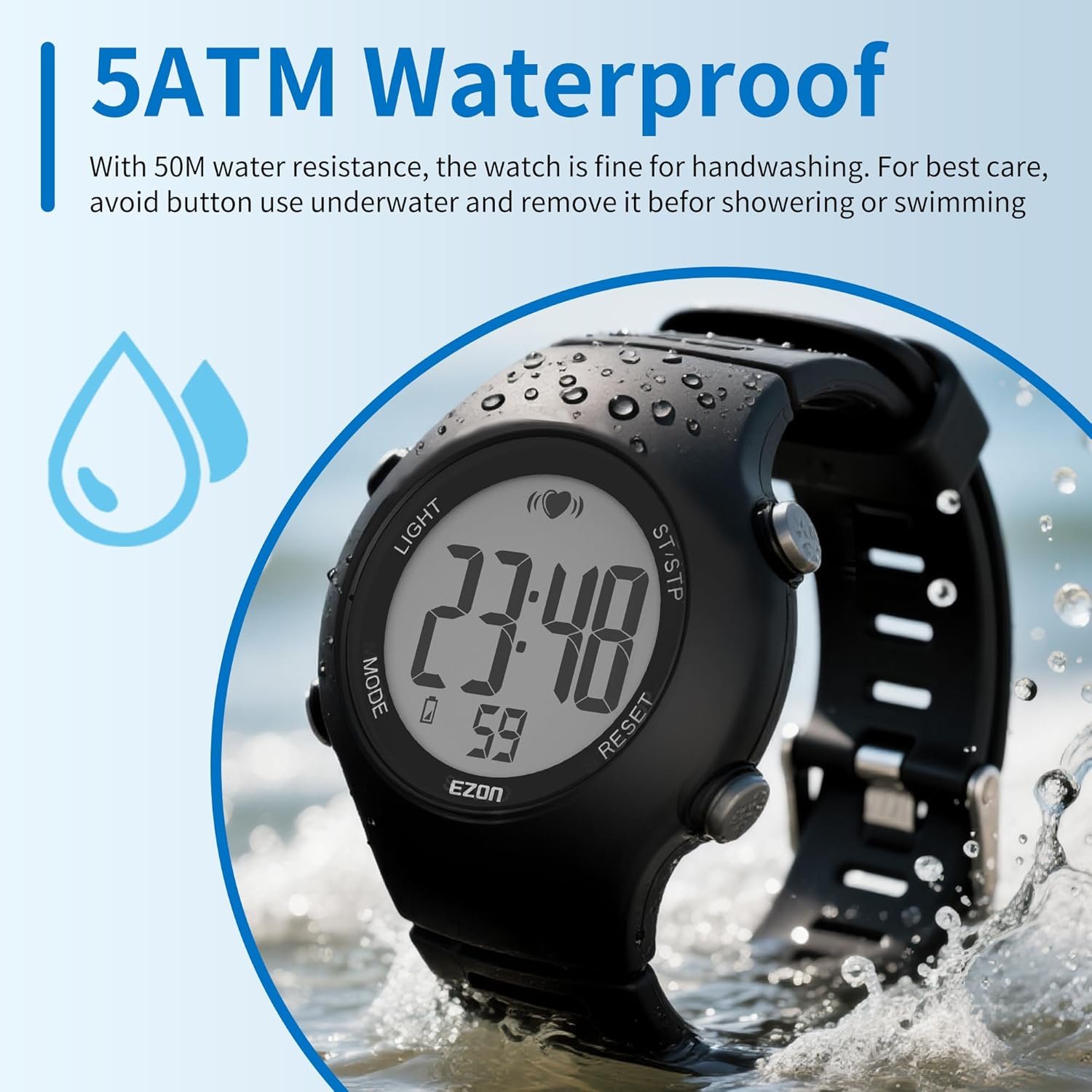 EZON Heart Rate Monitor Chest Strap and Digital Watch T037,5ATM Waterproof Fitness Tracker with HRM,Calories Burned,Stopwatch and Hourly Chime (Watch Band Included) - Image 7
