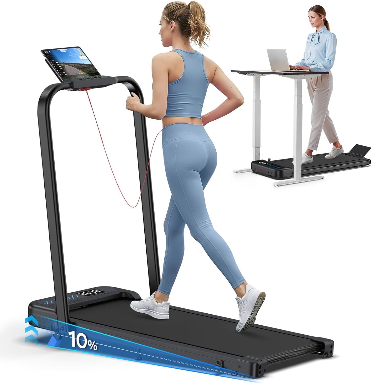 Cardirun Foldable Treadmill with Incline, Compact Walking Pad Treadmill with Safety Handle Bar, 3.0HP Quiet Under Desk Treadmills for Home/Office, 350 LBS Capacity, APP & Remote Control, Black