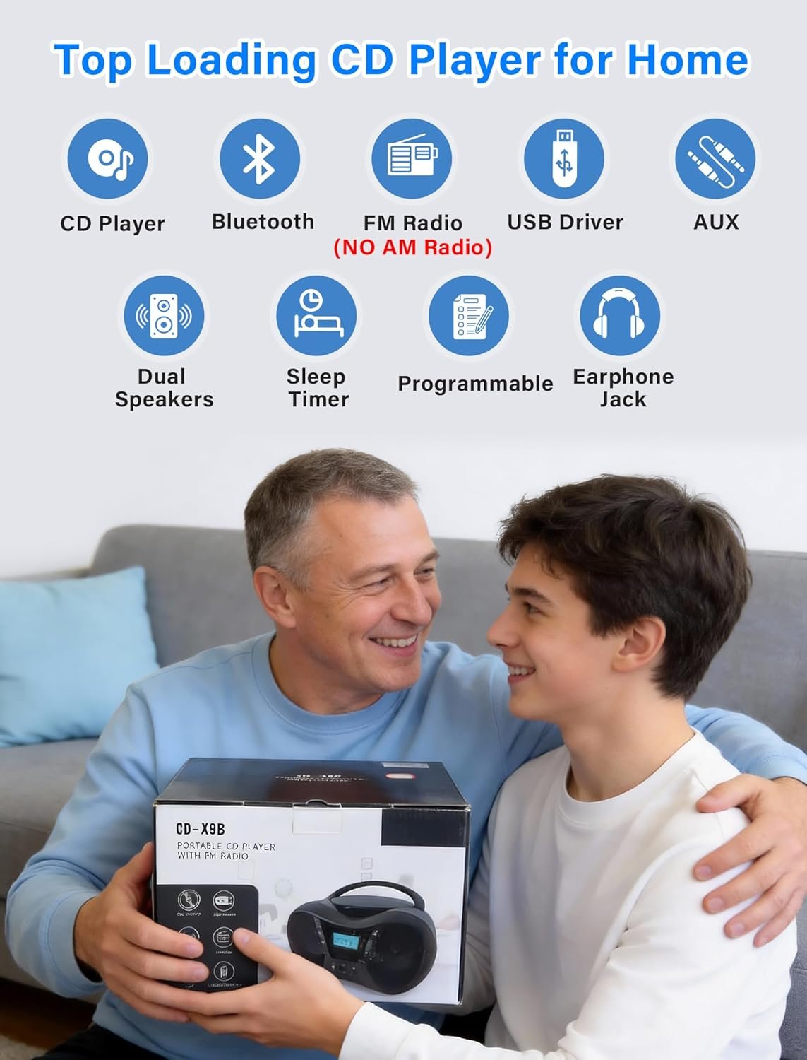 Greadio Boombox Portable CD Players for Home with Bluetooth, Boom Box CD Player FM Radio Combo, Stereo Sound, AC/Battery Powered, CD/CD-R/RW Compatible, Support AUX/USB/Headphone, Timer, Repeatable - Image 2
