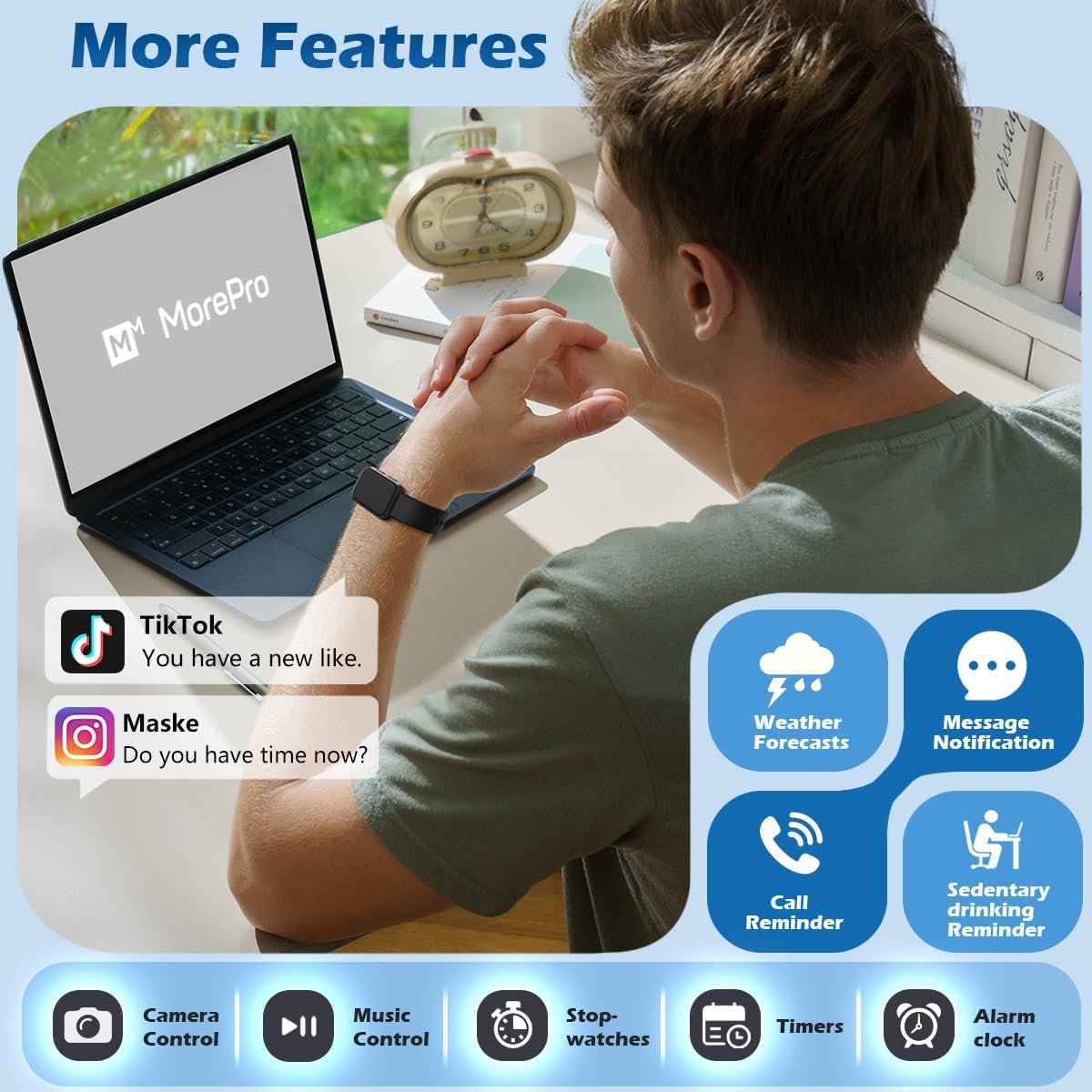 MorePro Health Fitness Tracker for Women Men, 24/7 Heart Rate Blood Pressure & Oxygen Monitoring, Sleep Tracker, 120+ Sport Modes Smart Watch, IP68 Waterproof, 2 Bands, Compatible Android iOS - Image 7