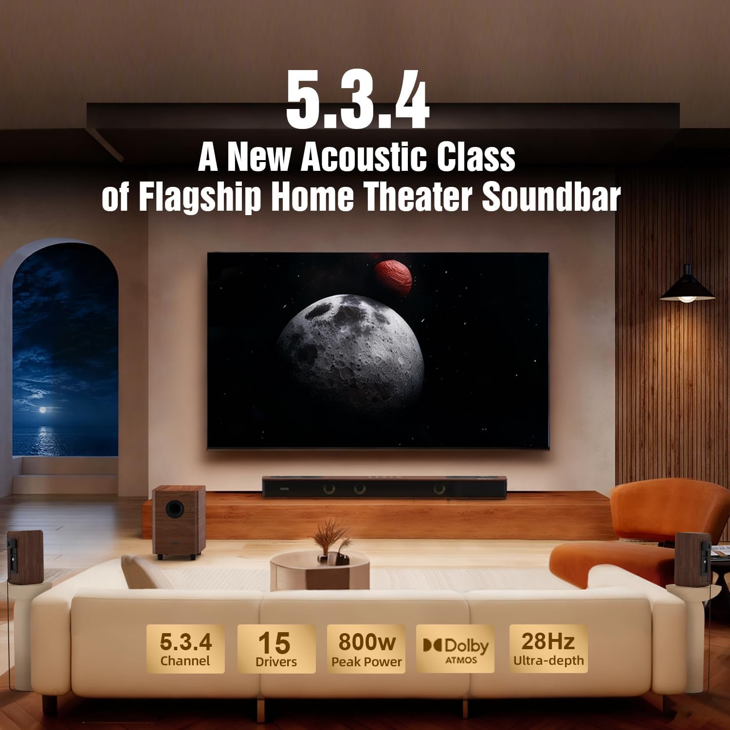 Flagship 5.3.4 Soundbar with Dolby Atmos, 800W Sound Bar for Smart TV with Subwoofer, 2 Wireless Rear Speakers, BassCoupling Tech for 28Hz Depth, Home Theater Surround Sound System Works eARC, BT 5.4 - Image 2