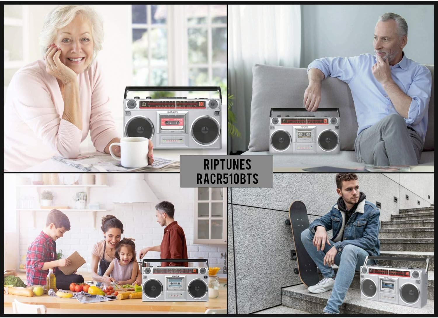 RIPTUNES Boombox Radio Cassette Player Recorder, AM/FM -SW1/SW2 Radio, Wireless Streaming, USB/Micro SD Slots, Aux in, Headphone Jack, Convert Cassettes to USB/SD, Classic 80s Style Retro, Silver - Image 6