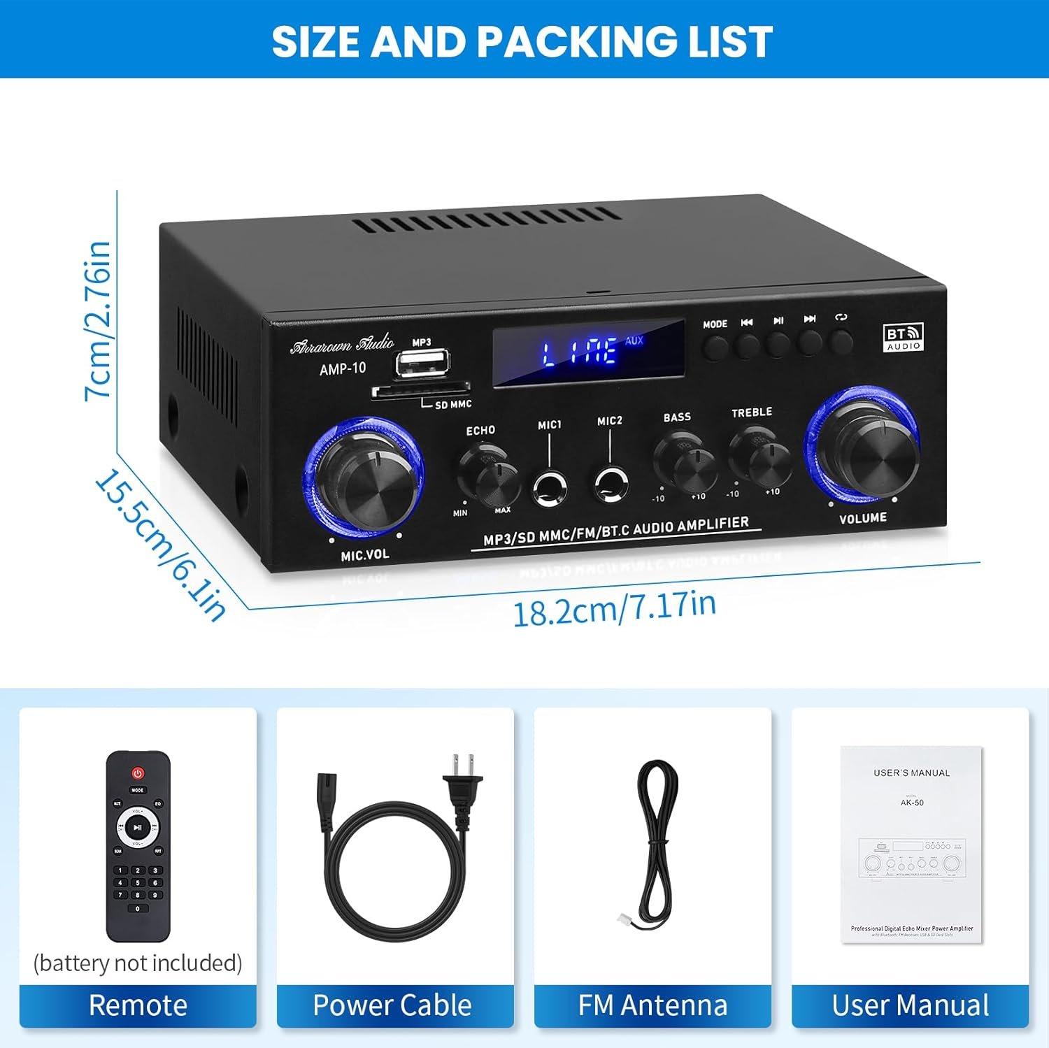 Amp10 Amplifier Home Audio,400W Power Amplifier 2 Channel Stereo Receiver with Bluetooth 5.0,Active Subwoofer Output, FM Radio, USB/SD/AUX, MIC, Remote Control for Home Theater - Image 6
