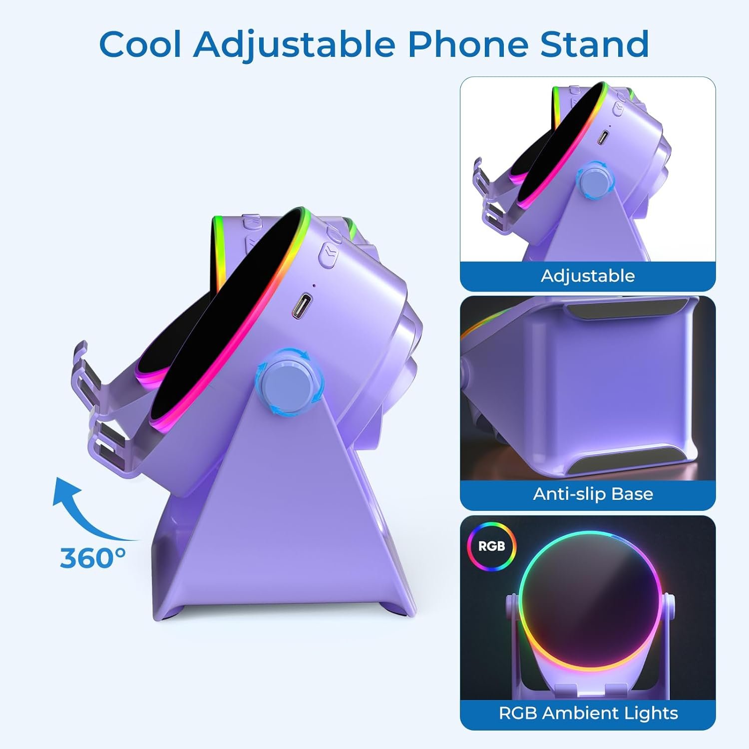 Wireless Induction Speaker, 4 in1 Phone Stand Bluetooth Speaker Amplifier with Colorful Ambient Light 360° Rotation Holder for Tablet iPhone Android,Portable Gifts for Adults Teens (Purple) - Image 8