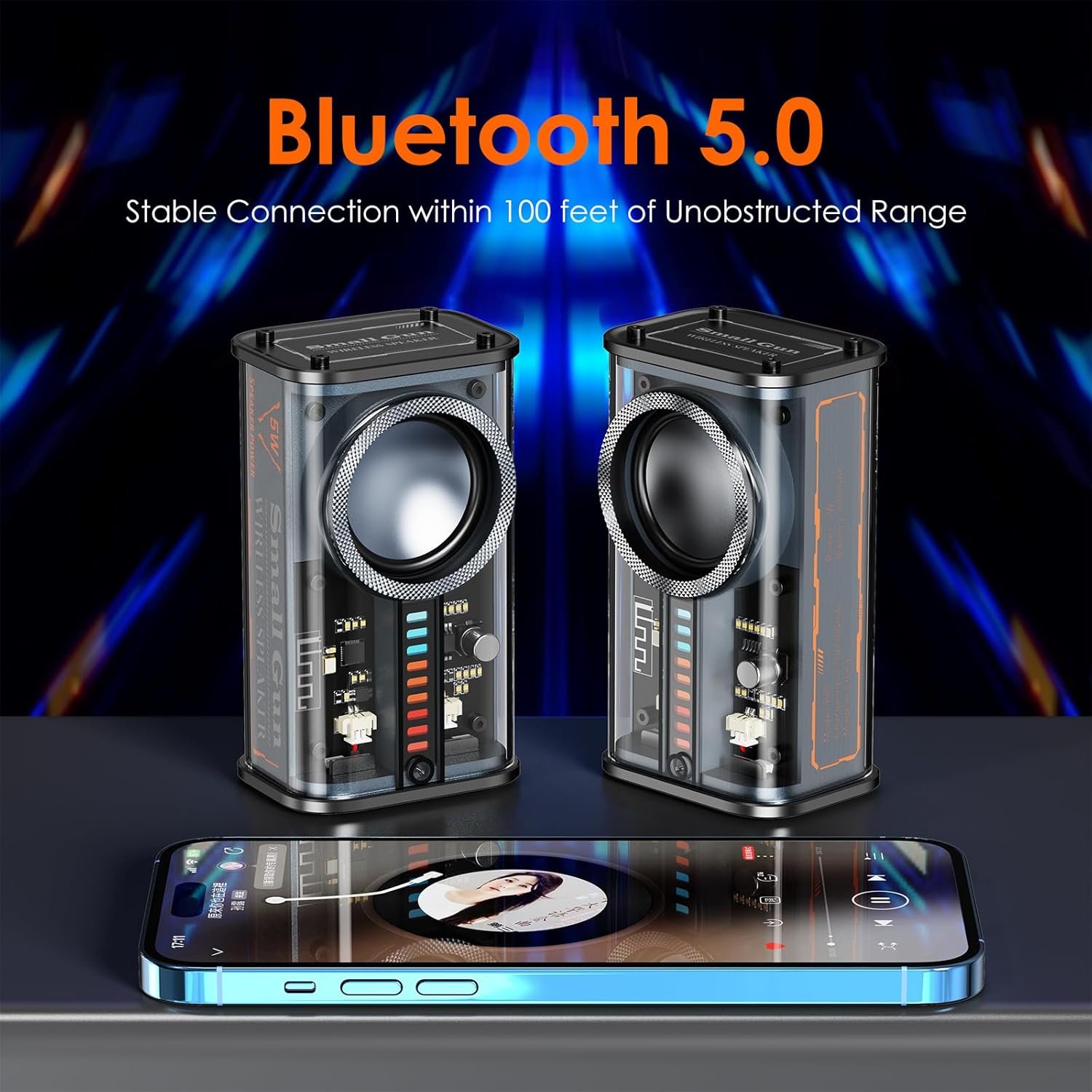 Portable Bluetooth Speaker with Lights, Transparent Wireless Mini Bluetooth Speaker with TWS, Perfect Small Speaker HD Sound and Bass for Office, Home, Shower, Room, Bike, Car (Black) - Image 3