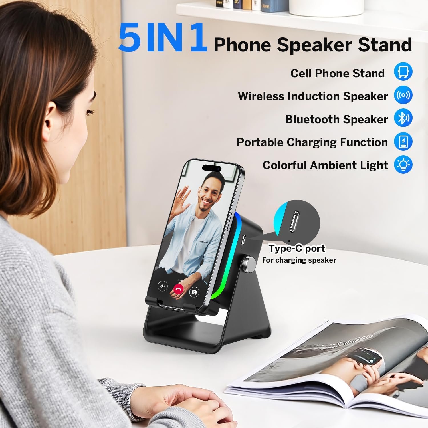 Wireless Induction Speaker 5-in-1 Bluetooth Speaker with Phone Stand,Stereo Sound, 3500mAh Rechargeable, 8 RGB Ambient Light, 360° Adjustable Holder for iPhone/Android/iPad,Gifts for Men Women (Black) - Image 3