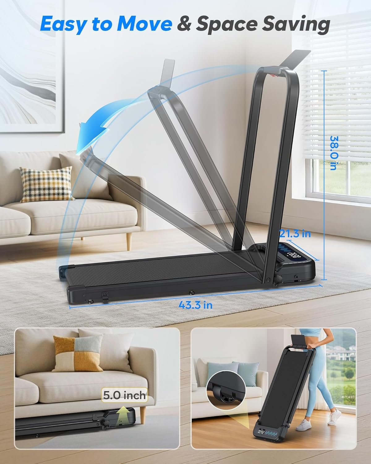 Cardirun Foldable Treadmill with Incline, Compact Walking Pad Treadmill with Safety Handle Bar, 3.0HP Quiet Under Desk Treadmills for Home/Office, 350 LBS Capacity, APP & Remote Control, Black - Image 9