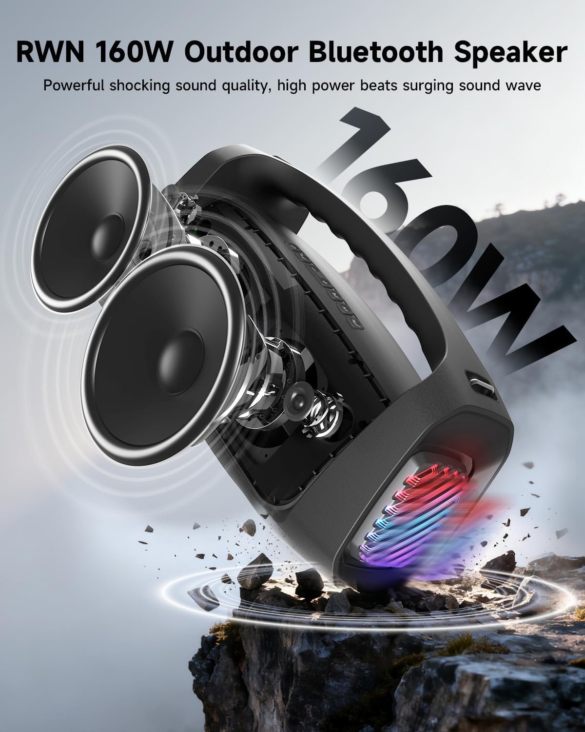 RWN Outdoor Bluetooth Speaker: 160W Loud Sound, IP67 Waterproof with 24H Playtime, Fast Charge, Bass, TWS, Portable Wireless Speakers with Light Show for House, Party, Projector, Beach (Black) - Image 2
