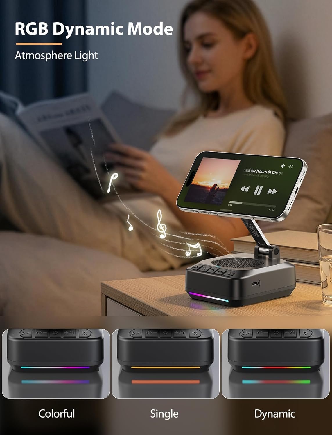GBEAST for Magsafe Phone Stand with Bluetooth Speaker, Adjustable Cell Phone Holder for Desk,Stereo Sound Bluetooth Speaker with RGB, Built-in Mic for iPhone/Android/Samsung Galaxy,Gifts for Men Women - Image 4