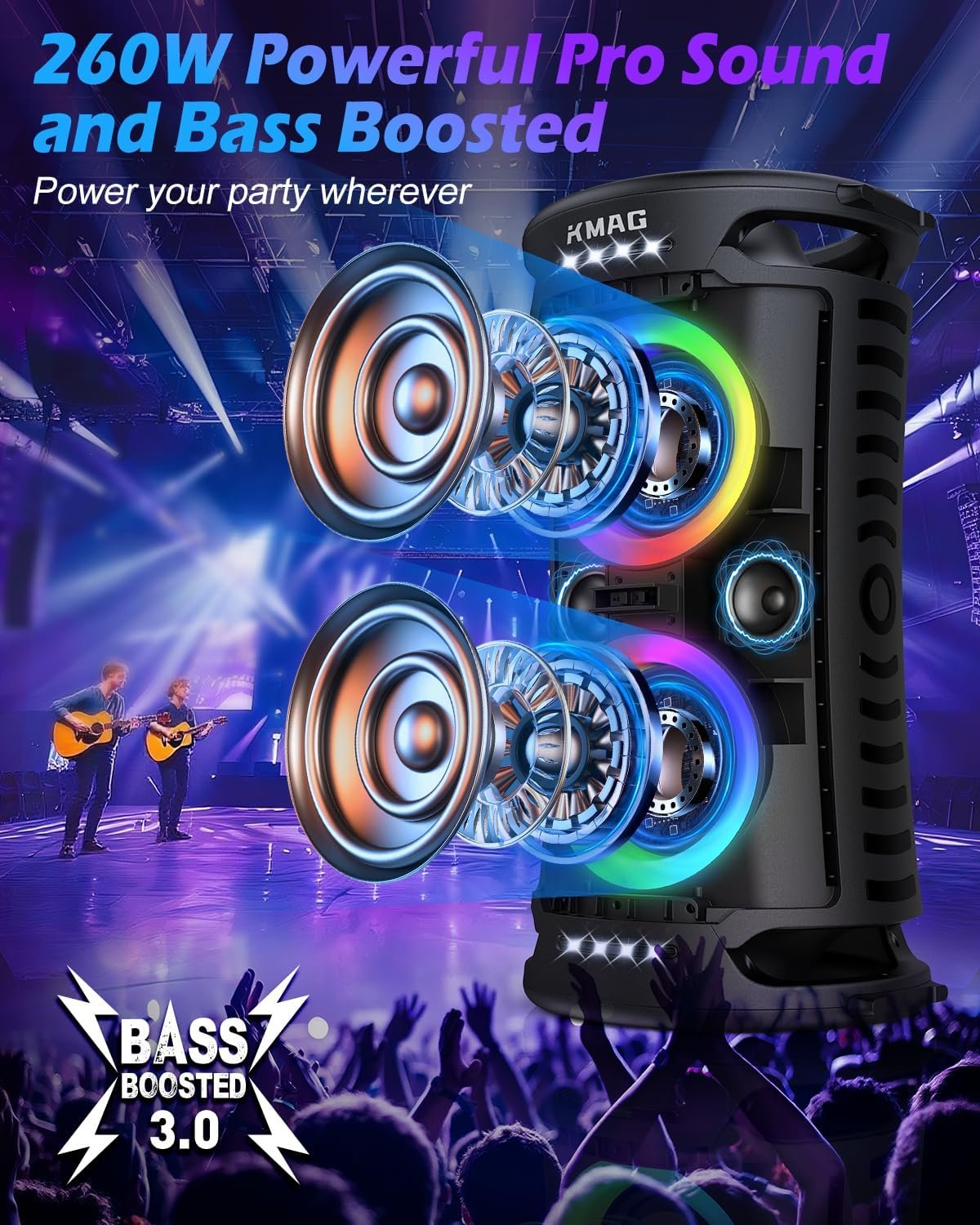 Large Party Bluetooth Speaker, 260W Peak Powerful Loud Sound with Deep Bass, 15Hr Playtime, Fast Charge, RGB Cool Light Show, TWS, Portable for Outdoor Beach, Camping, Backyard, Work, Home (Black) - Image 2