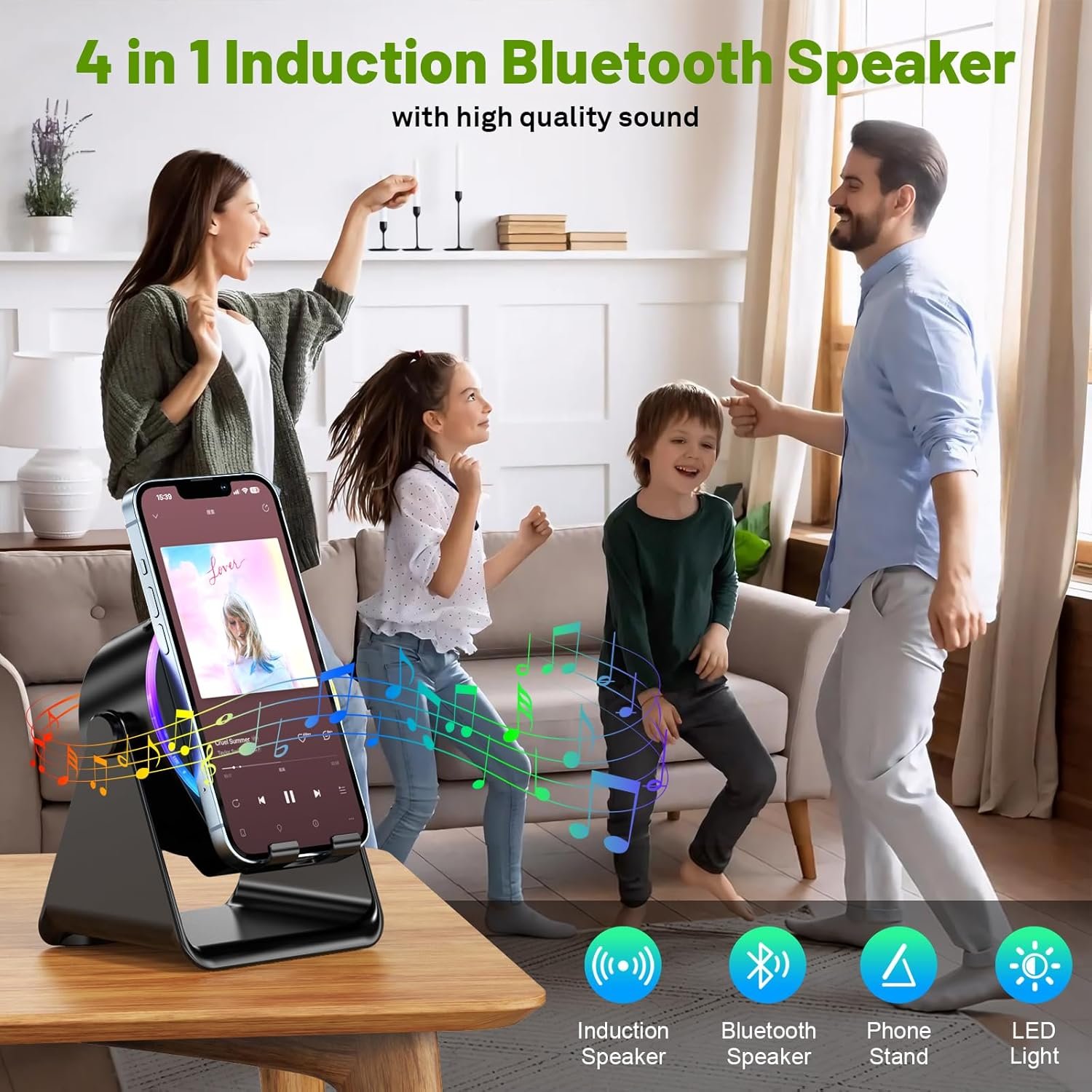 Wireless Induction Speaker, Phone Stand with Bluetooth Speaker Amplifier, Stereo Sound, RGB Ambient Light, 360° Adjustable Phone Holder Compatible with iPhone/iPad/Android/Samsung Galaxy-Black - Image 2