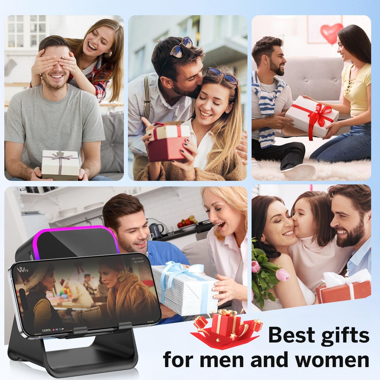 Wireless Induction Speaker 5-in-1 Bluetooth Speaker with Phone Stand,Stereo Sound, 3500mAh Rechargeable, 8 RGB Ambient Light, 360° Adjustable Holder for iPhone/Android/iPad,Gifts for Men Women (Black) - Image 9