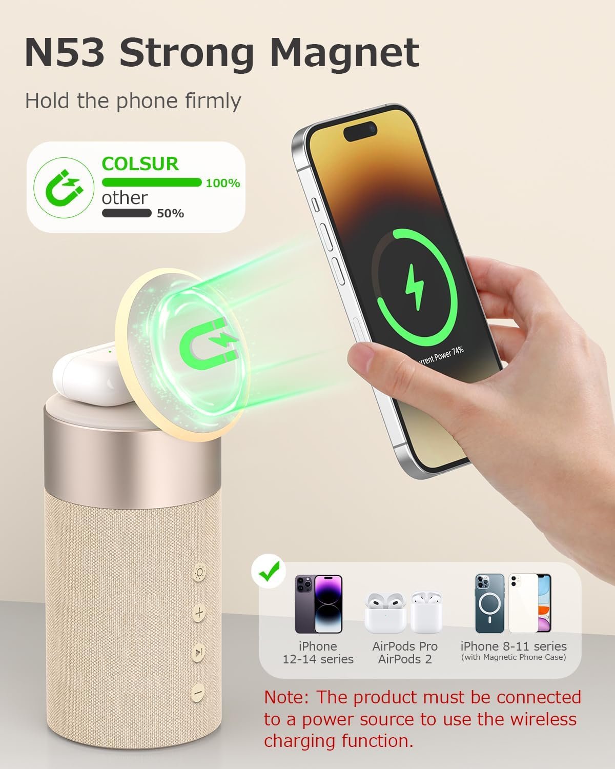 COLSUR Bluetooth Speaker, Magnetic Wireless Charger, Bluetooth Speakers with Night Light, 2 in 1 Wireless Charging Station for iPhone 17/16/15/14/13/12 Series, AirPods Pro 2/4/3/2(Gift Ideal)(Yellow) - Image 3