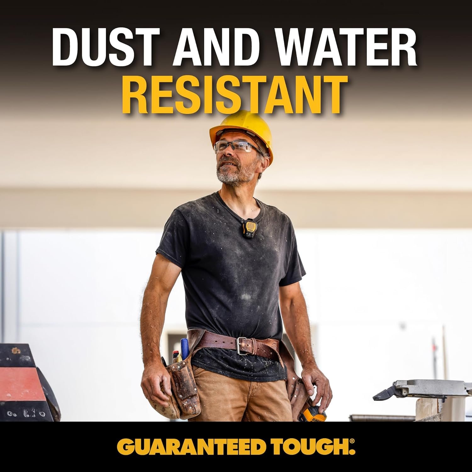 DEWALT Wearable Bluetooth Speaker (Updated Version), Clip-On Wireless Jobsite Pro Water-Resistant Portable Speaker (Non-Magnetic), Built-in Mic for Hands-Free Music/Calls, Bluetooth Speaker (Yellow) - Image 7