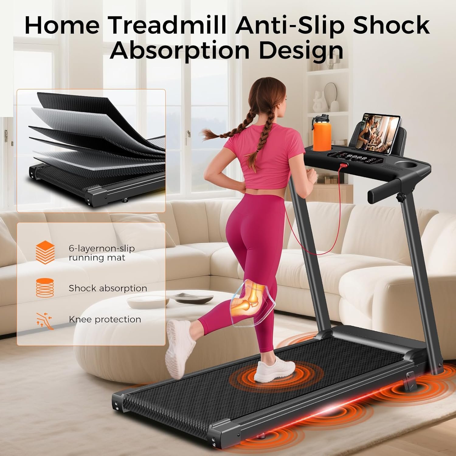 Aiteid Treadmill with Incline,3.0HP Small Treadmills for Home,Portable Electric Treadmill with Handles,Lightweight Walking Pad,Compact Running Treadmills,Walking Pad with Handle,300LBS Capacity - Image 6