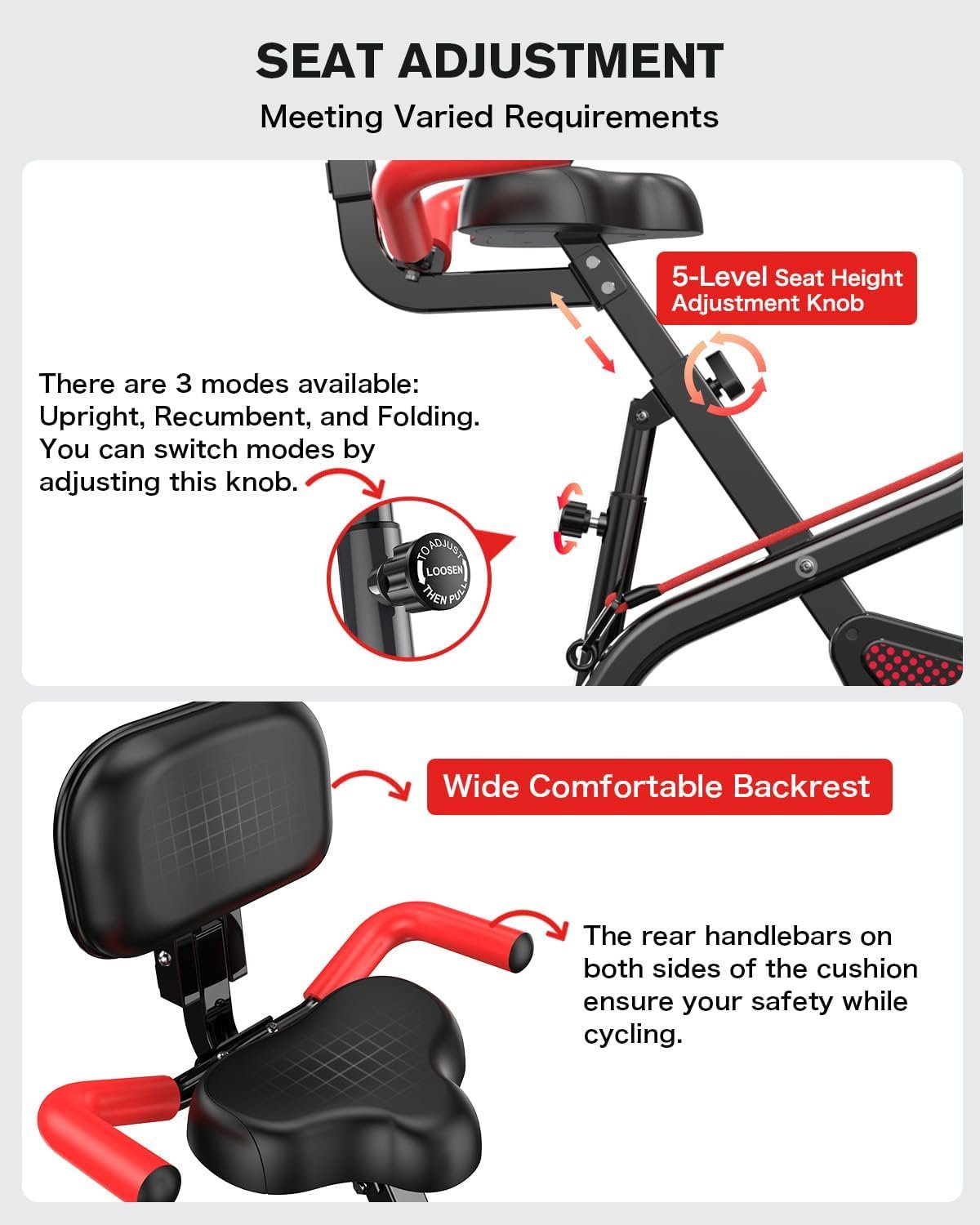 pooboo Folding Exercise Bike, Foldable Upright Stationary Bike, Indoor Cycling Magnetic X-Bike with 8-Level Adjustable Resistance, 6.6 LBS Flywheel, 300LB Capacity, Back Support Cushion for Home Gym - Image 6