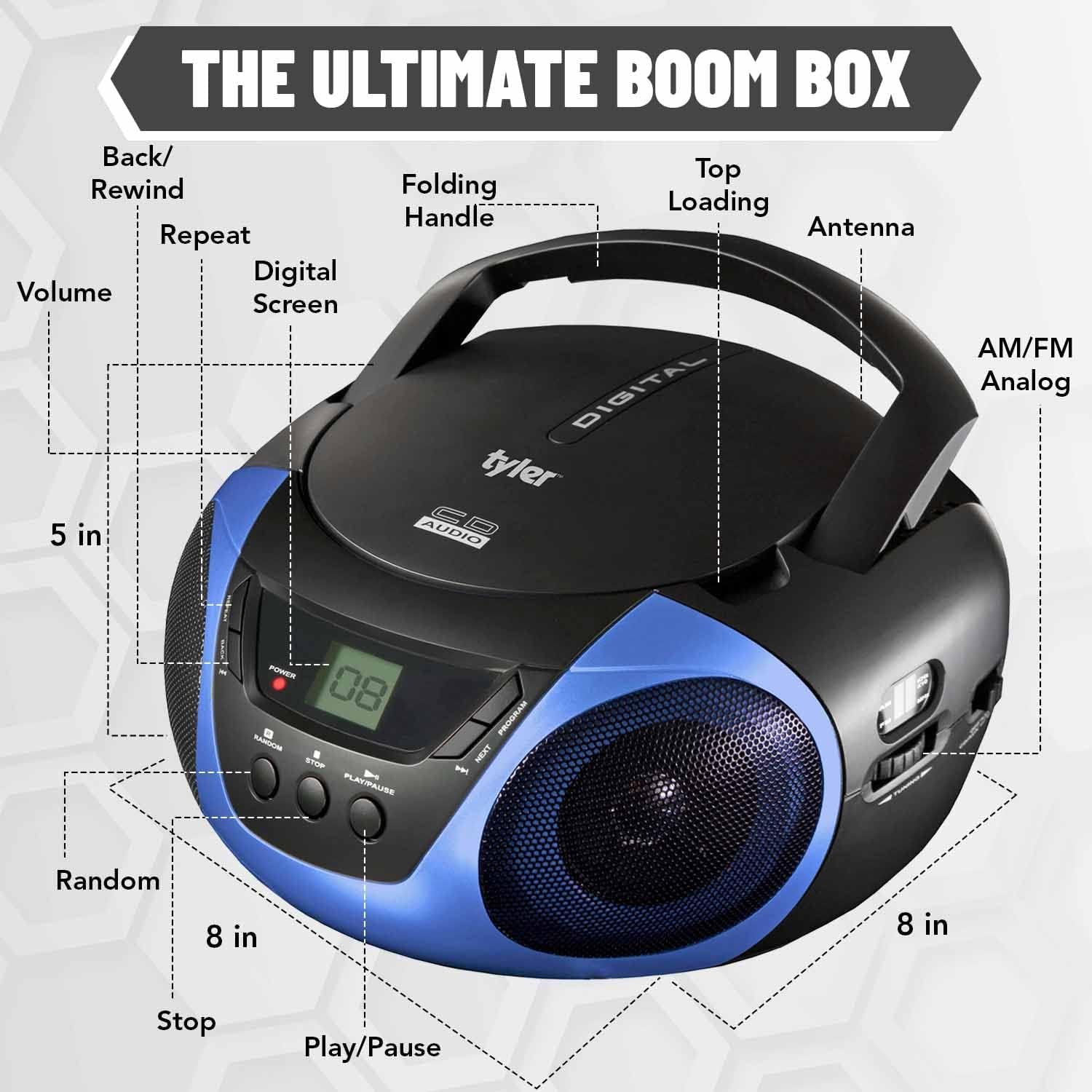 Tyler Portable Boombox CD Player AM/FM Radio Combo, Dynamic Boom Box CD Players for Home/Outdoor Portable Stereo with Speakers, Long Antenna for Best Reception Aux Input/3.5mm Headphone Jack, Blue - Image 5