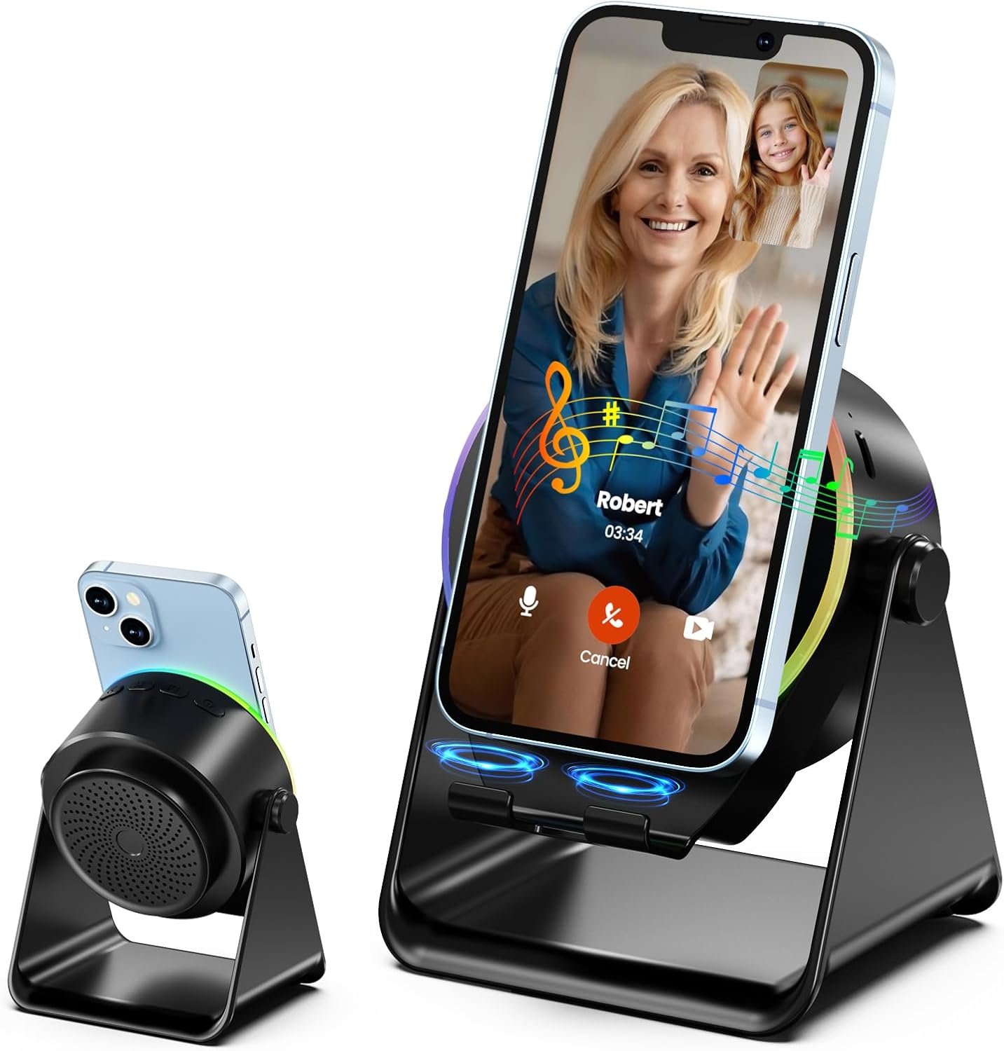 Wireless Induction Speaker, Phone Stand with Bluetooth Speaker Amplifier, Stereo Sound, RGB Ambient Light, 360° Adjustable Phone Holder Compatible with iPhone/iPad/Android/Samsung Galaxy-Black