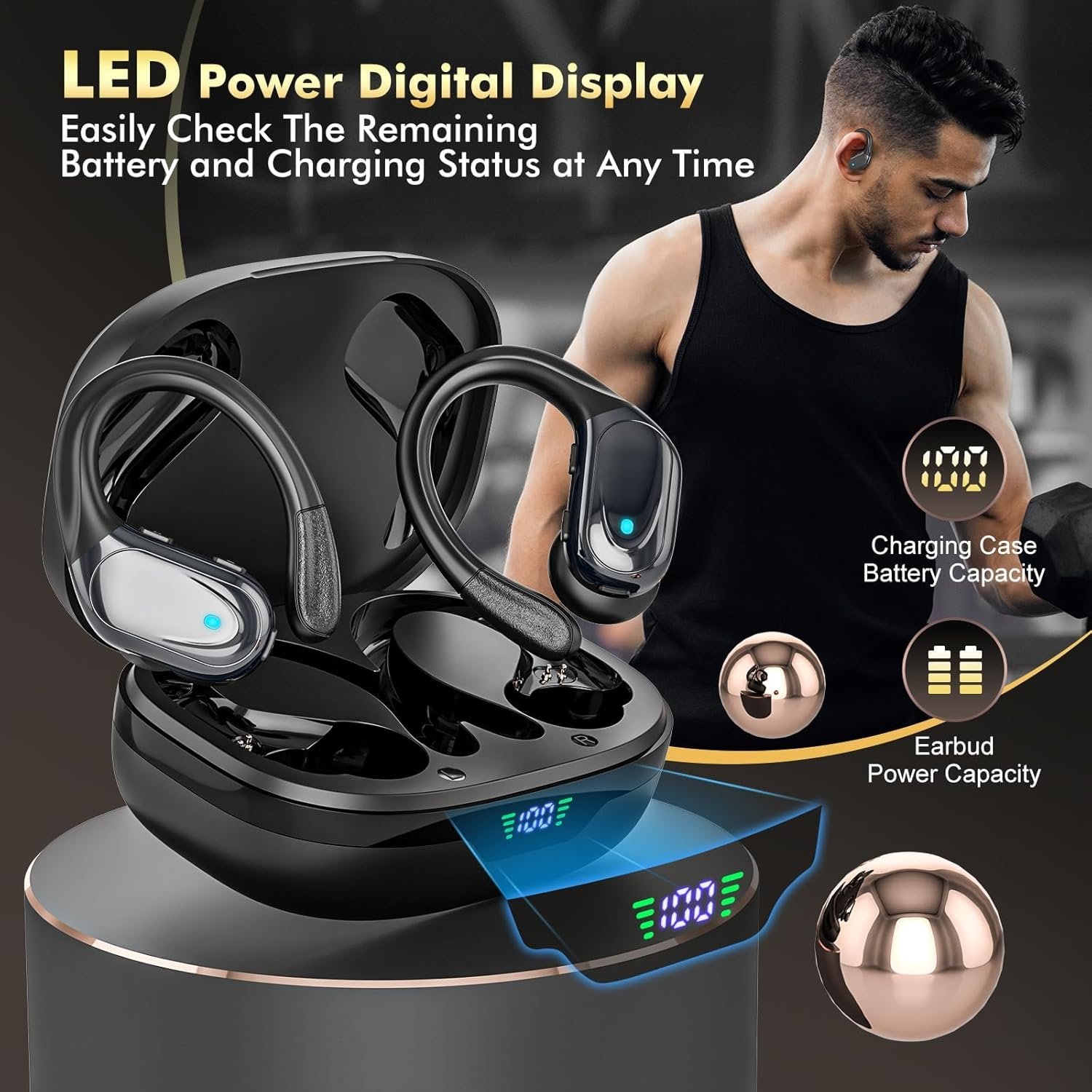 HAOYUYAN Wireless Earbuds, Sports Bluetooth Headphones, 80Hrs Playtime Ear Buds with LED Power Display, Noise Canceling Headset, IPX7 Waterproof Earphones for Workout/Running(Black) - Image 7