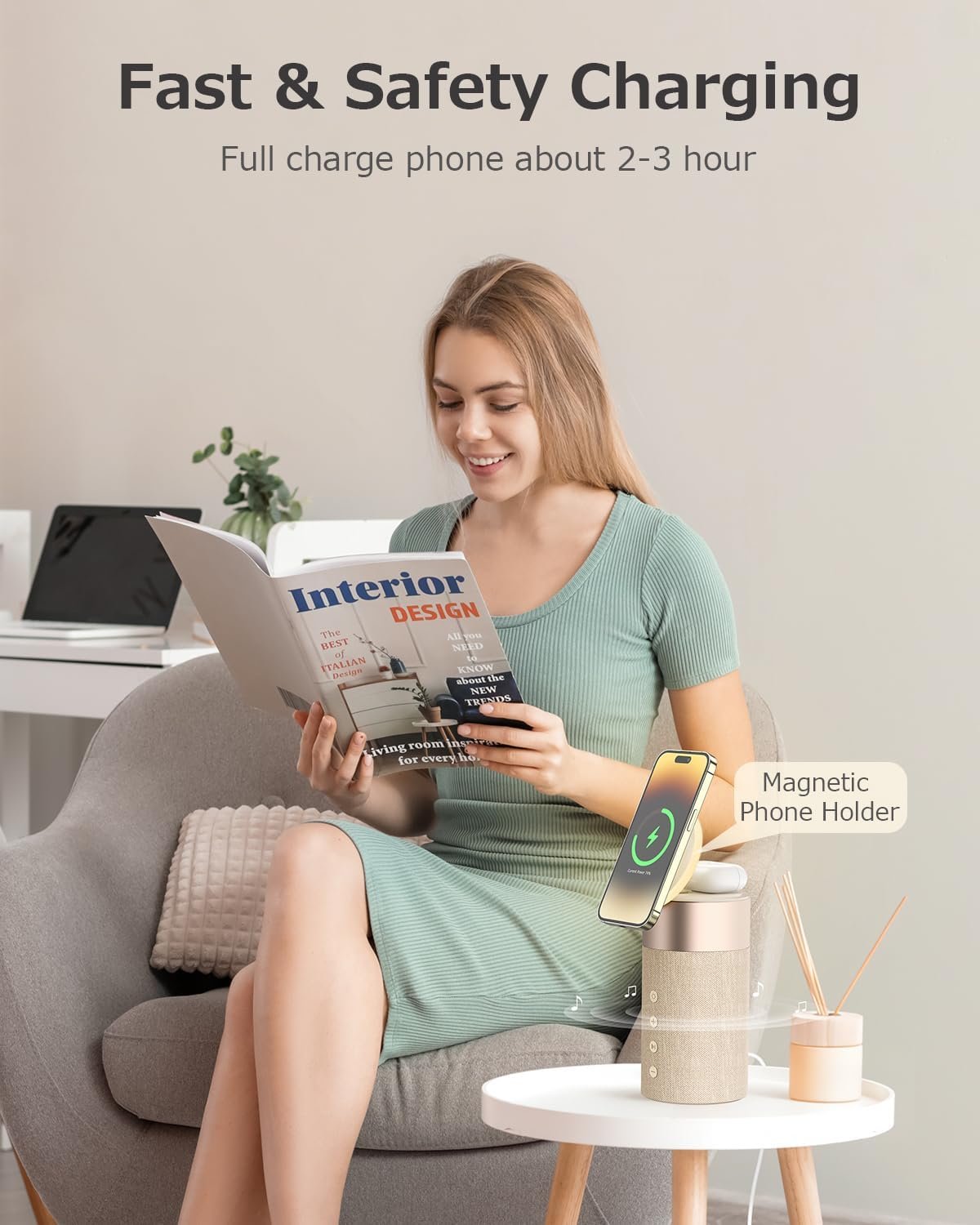 COLSUR Bluetooth Speaker, Magnetic Wireless Charger, Bluetooth Speakers with Night Light, 2 in 1 Wireless Charging Station for iPhone 17/16/15/14/13/12 Series, AirPods Pro 2/4/3/2(Gift Ideal)(Yellow) - Image 2
