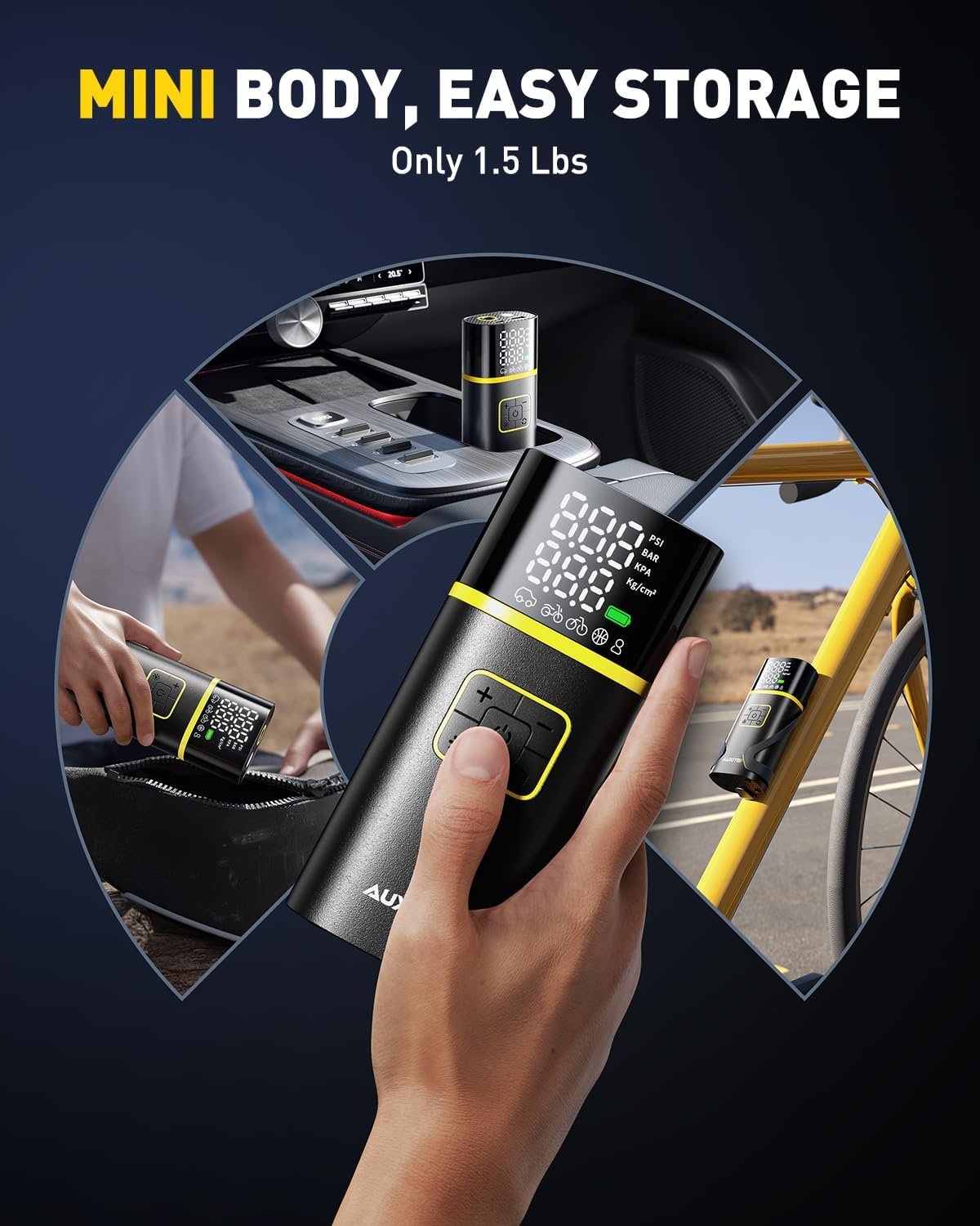 AUXITO AS1 Tire Inflator Portable Air Compressor - 150PSI Bike Pump 1Min Fast Inflate with Tire Pressure Gauge, 5200 mAh, LED Light, Car Accessories Air Pump for Auto, Moto, Bike Car Gifts for Men - Image 8